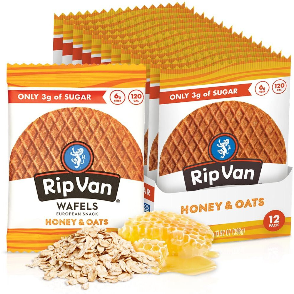 Rip Van Wafels Honey And Oats Stroopwafels, Healthy Snacks, Non-Gmo, Keto Friendly, Office Snacks, Low Sugar (3G), Low Calorie, 12 Pack