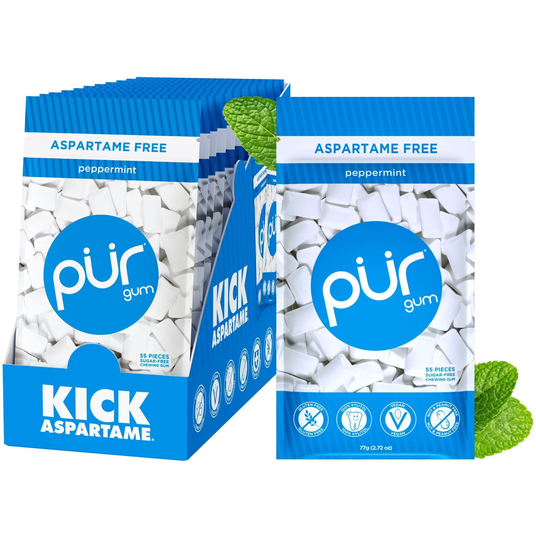 Pur Gum | Aspartame Free Chewing Gum | 100% Xylitol | Natural Peppermint Flavored Gum, 55 Pieces (Pack Of 12)