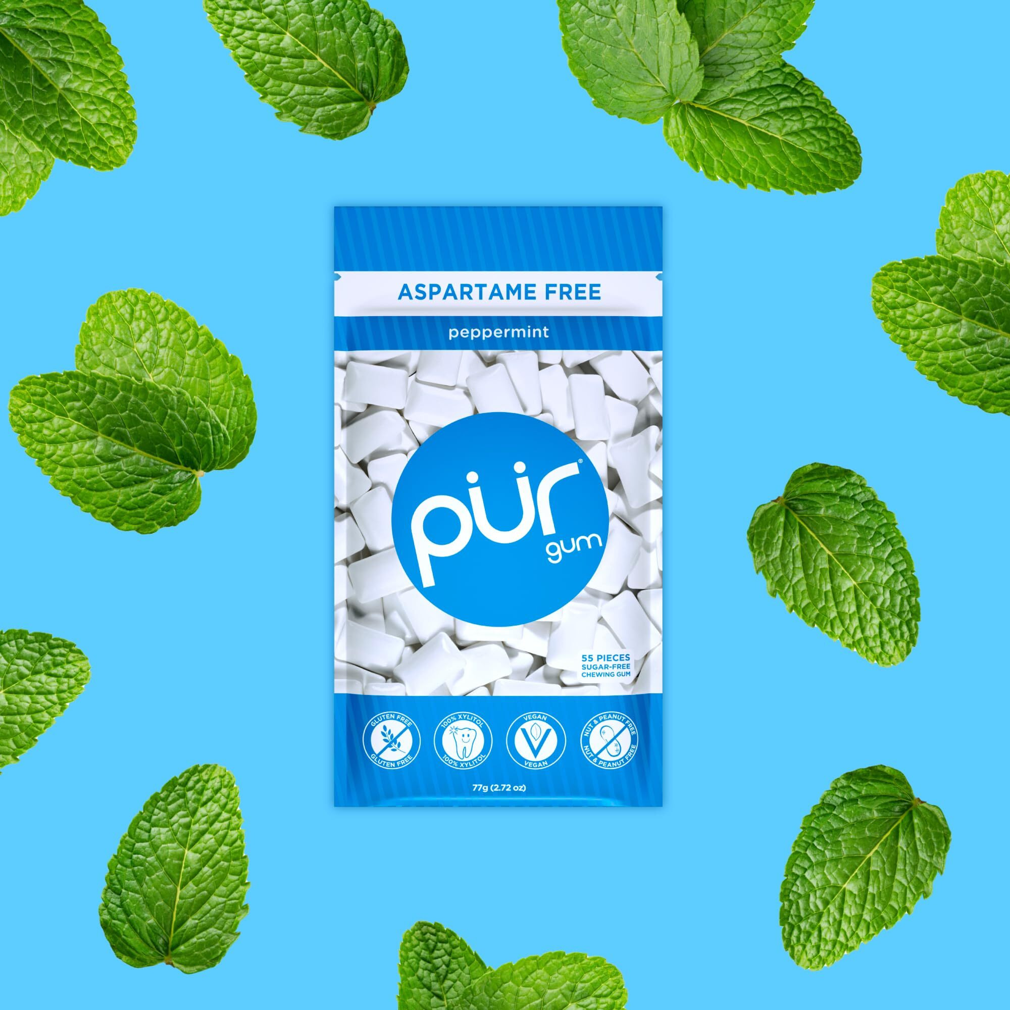 Pur Gum | Aspartame Free Chewing Gum | 100% Xylitol | Natural Peppermint Flavored Gum, 55 Pieces (Pack Of 12)