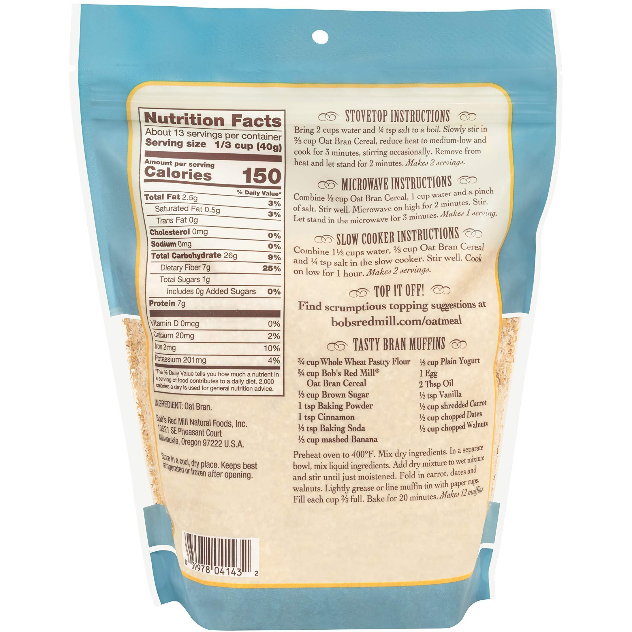 Bob's Red Mill High Fiber Oat Bran Hot Cereal, Non Gmo, 18 Ounces (Pack Of 4)