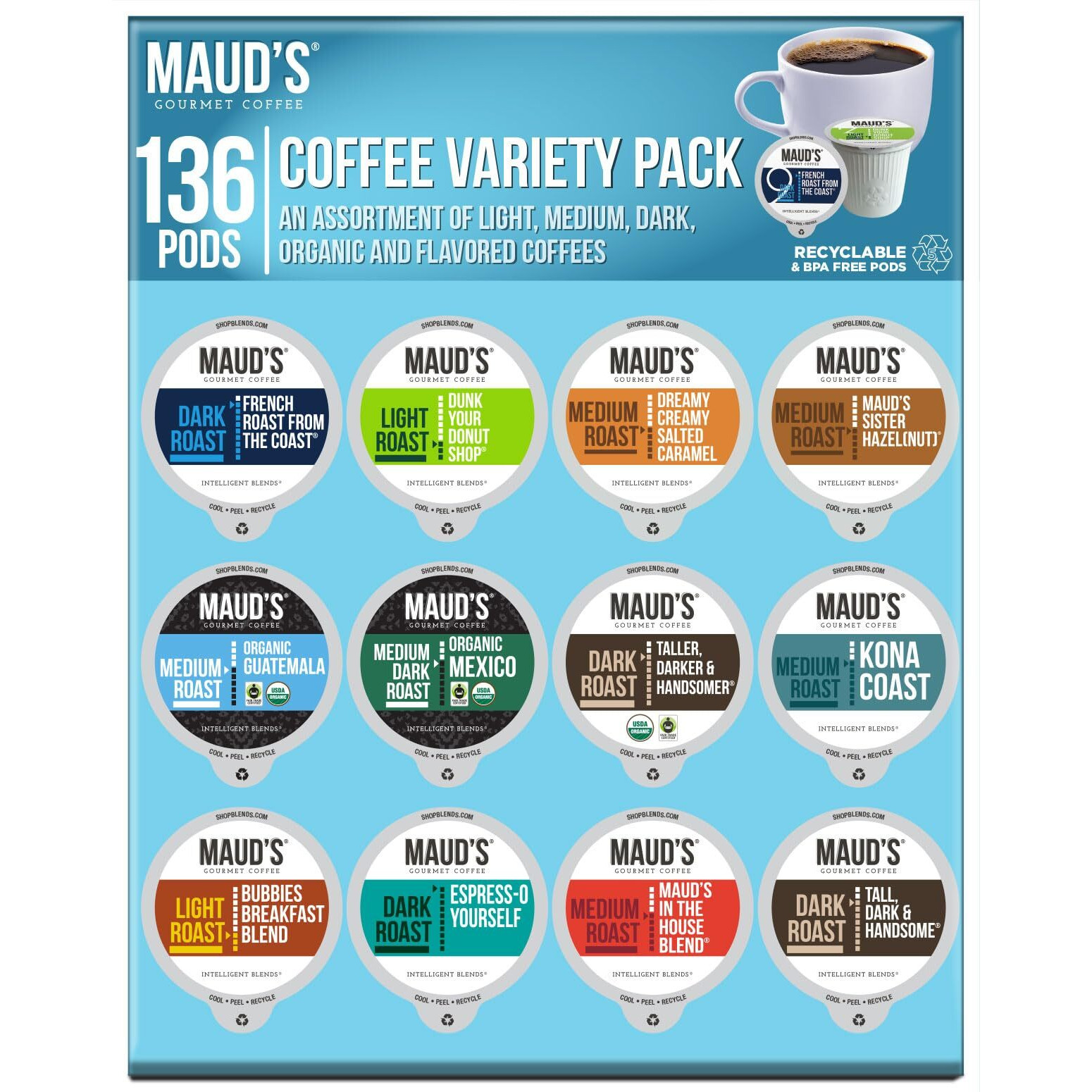 Maud's Family Pack Flavored Coffee Pods Variety Pack, 136 Ct | 12 Assorted Coffee Flavors | 100% Arabica Medium Roast Coffee | Solar Energy Produced Recyclable Pods Compatible With Keurig K Cups Maker