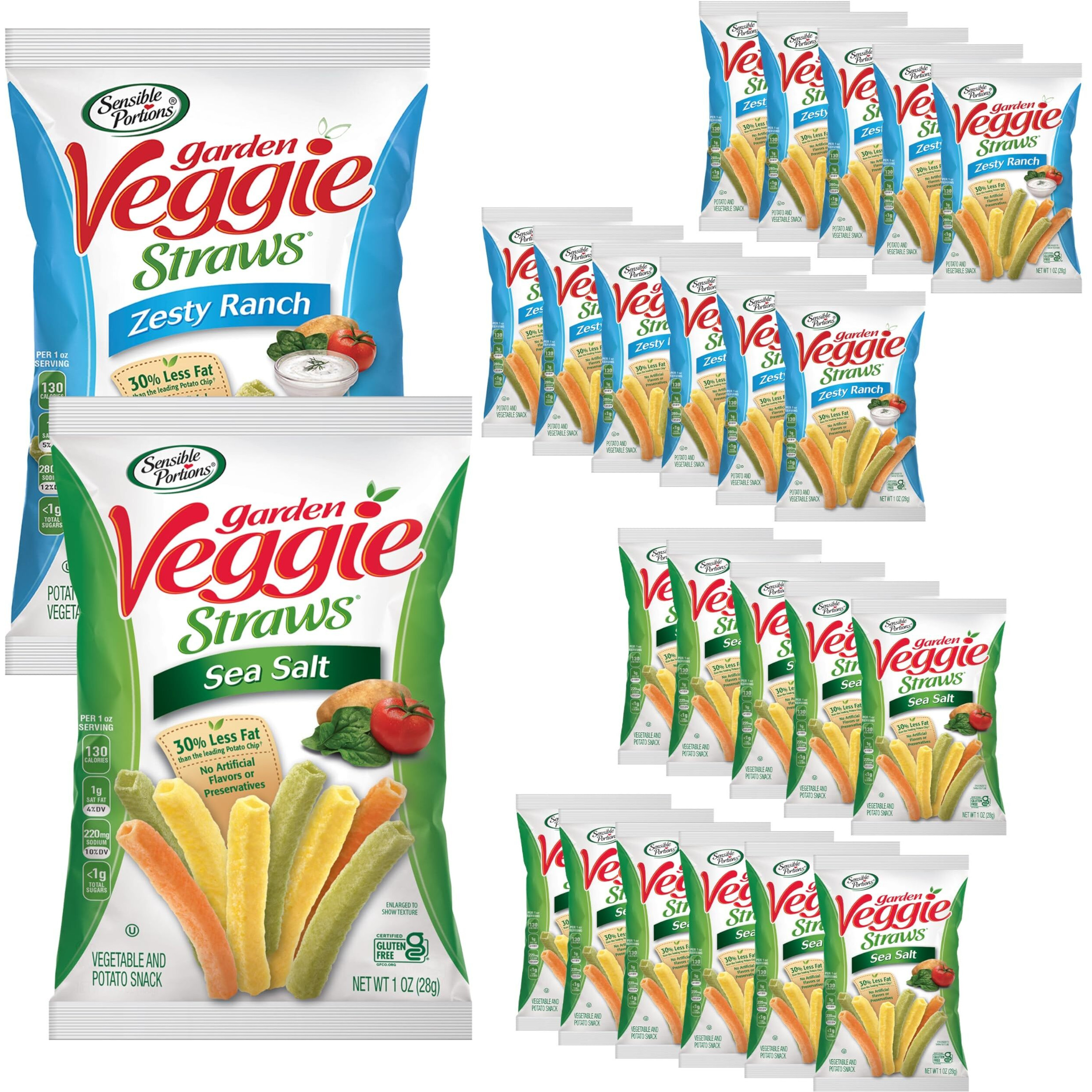 Sensible Portions Garden Veggie Straws, Snack Size Variety Pack, Sea Salt And Zesty Ranch, 1 Oz (Pack Of 24)