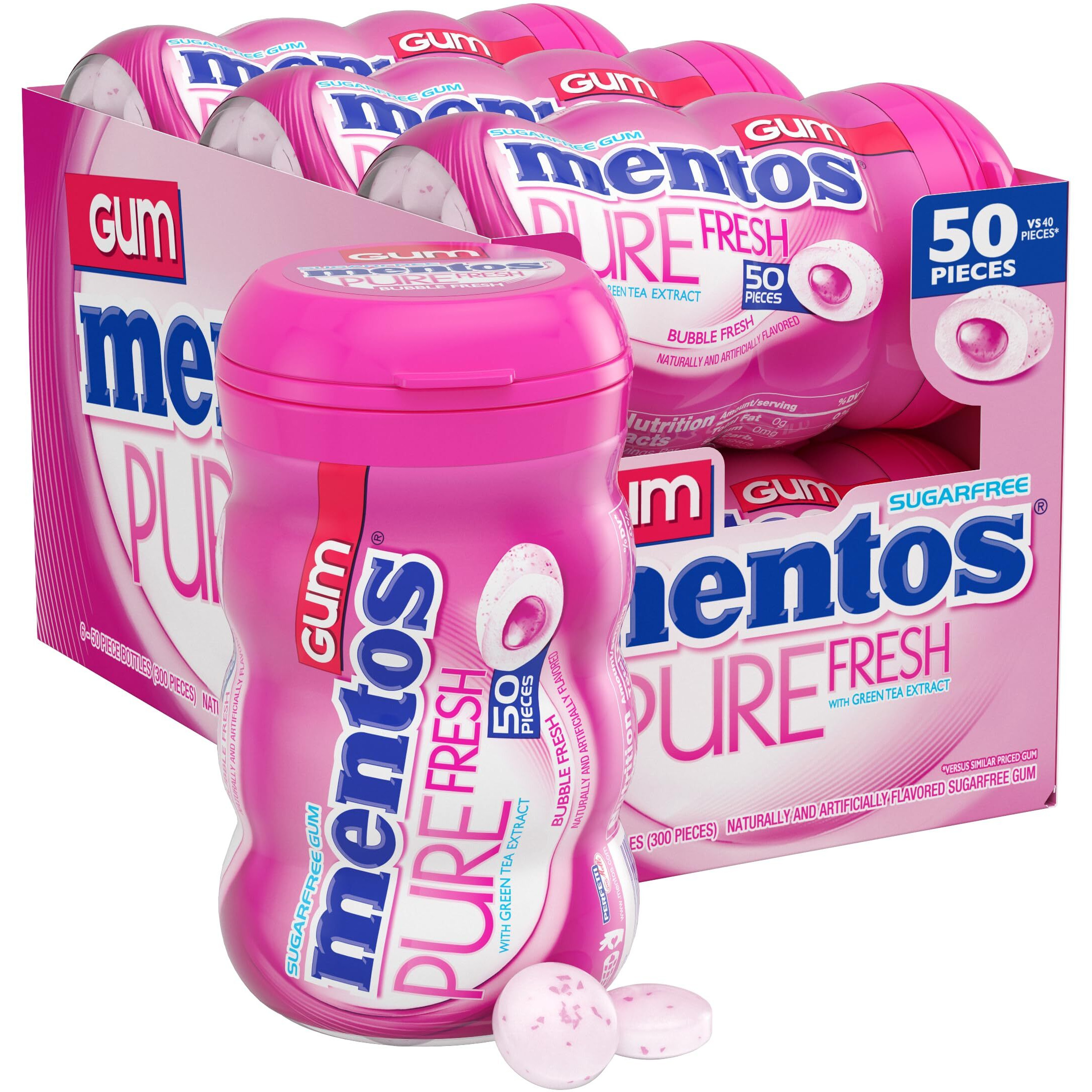 Mentos Pure Fresh Sugar-Free Chewing Gum With Xylitol, Bubble Fresh Flavor, Bubble Gum, 50 Piece Bottle (Bulk Pack Of 6)
