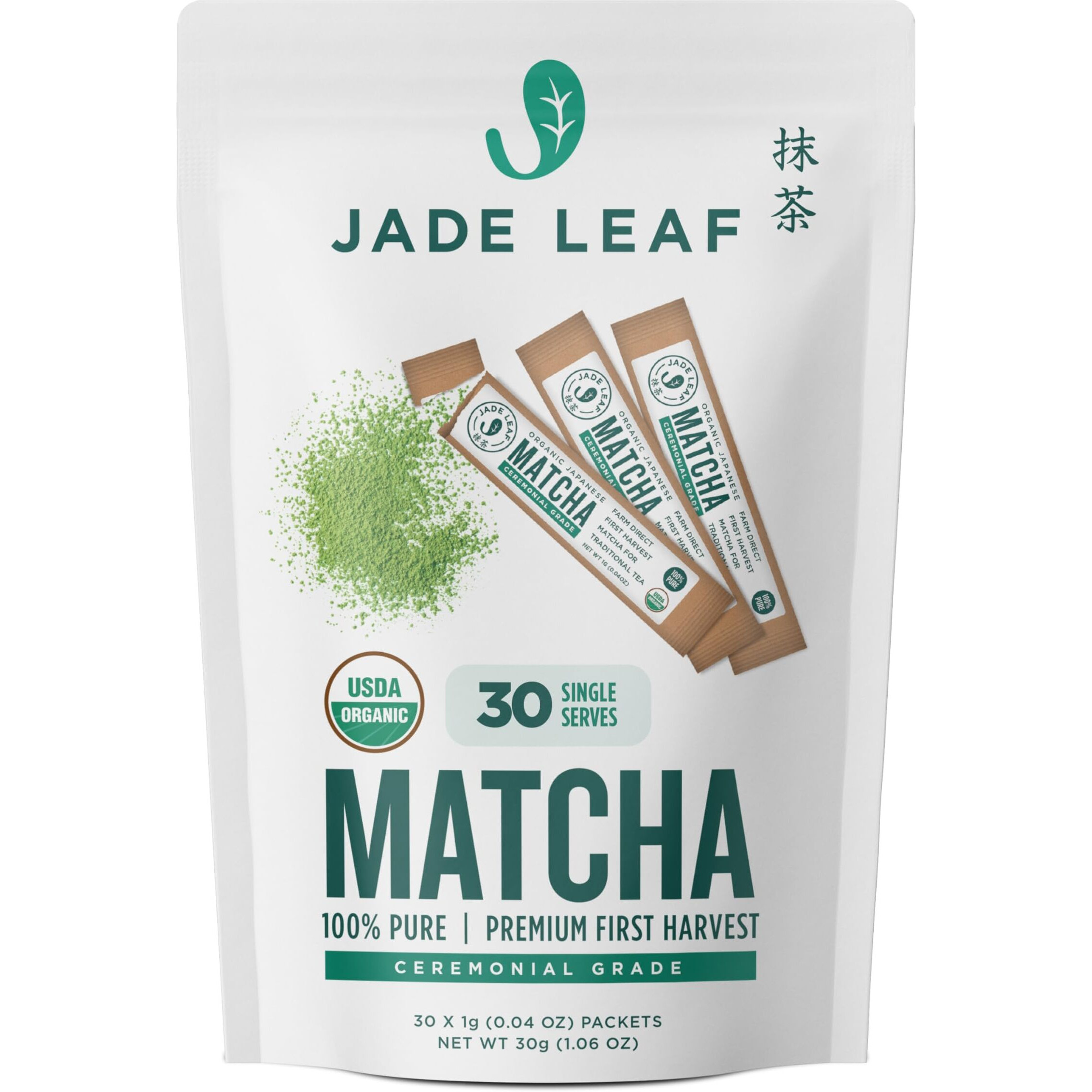 Jade Leaf Matcha Organic Ceremonial Grade Green Tea Powder - Farm Direct First Harvest - Single Serve Stick Packs - Authentic Japanese Origin (30 Count Single Serve Stick Pack Pouch)