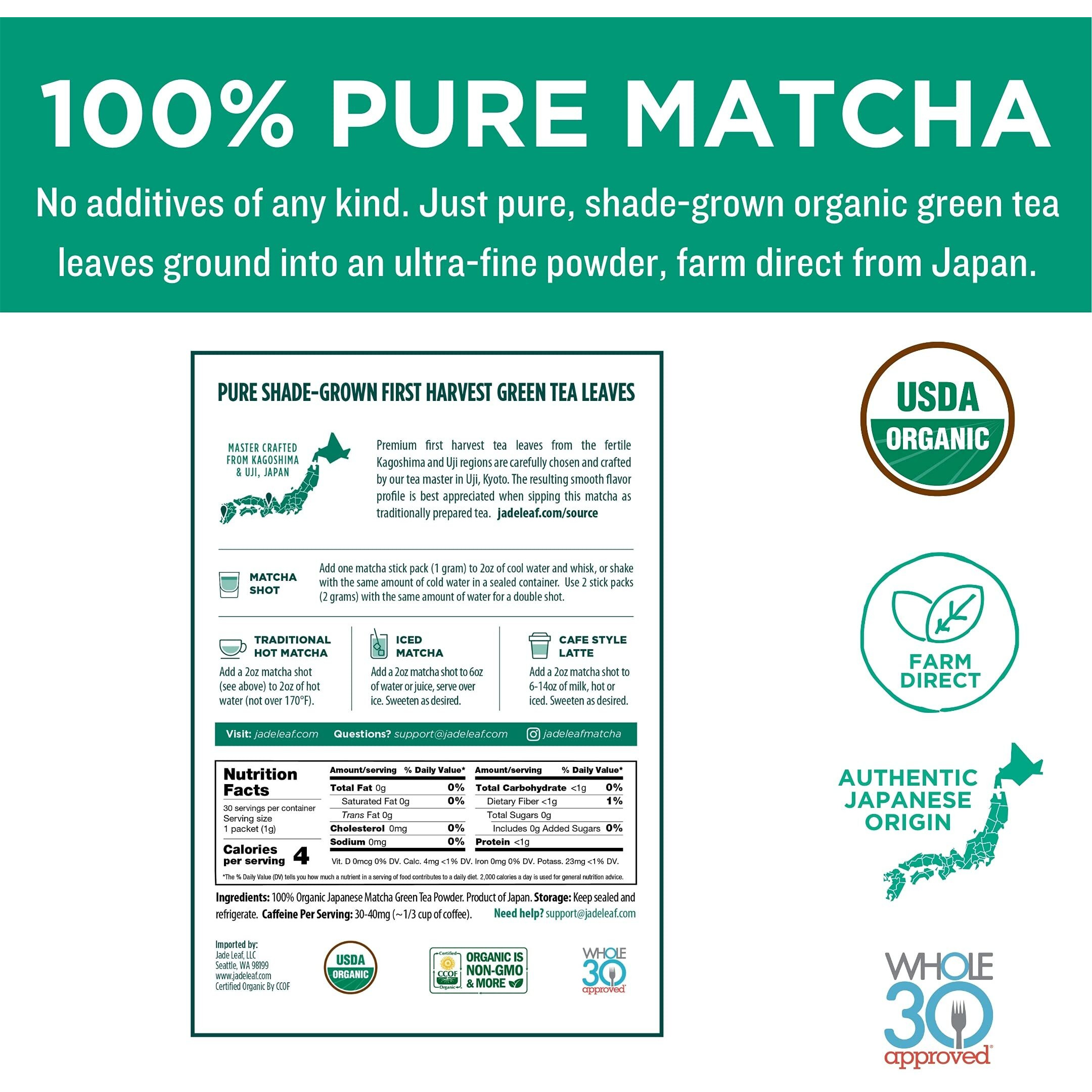 Jade Leaf Matcha Organic Ceremonial Grade Green Tea Powder - Farm Direct First Harvest - Single Serve Stick Packs - Authentic Japanese Origin (30 Count Single Serve Stick Pack Pouch)