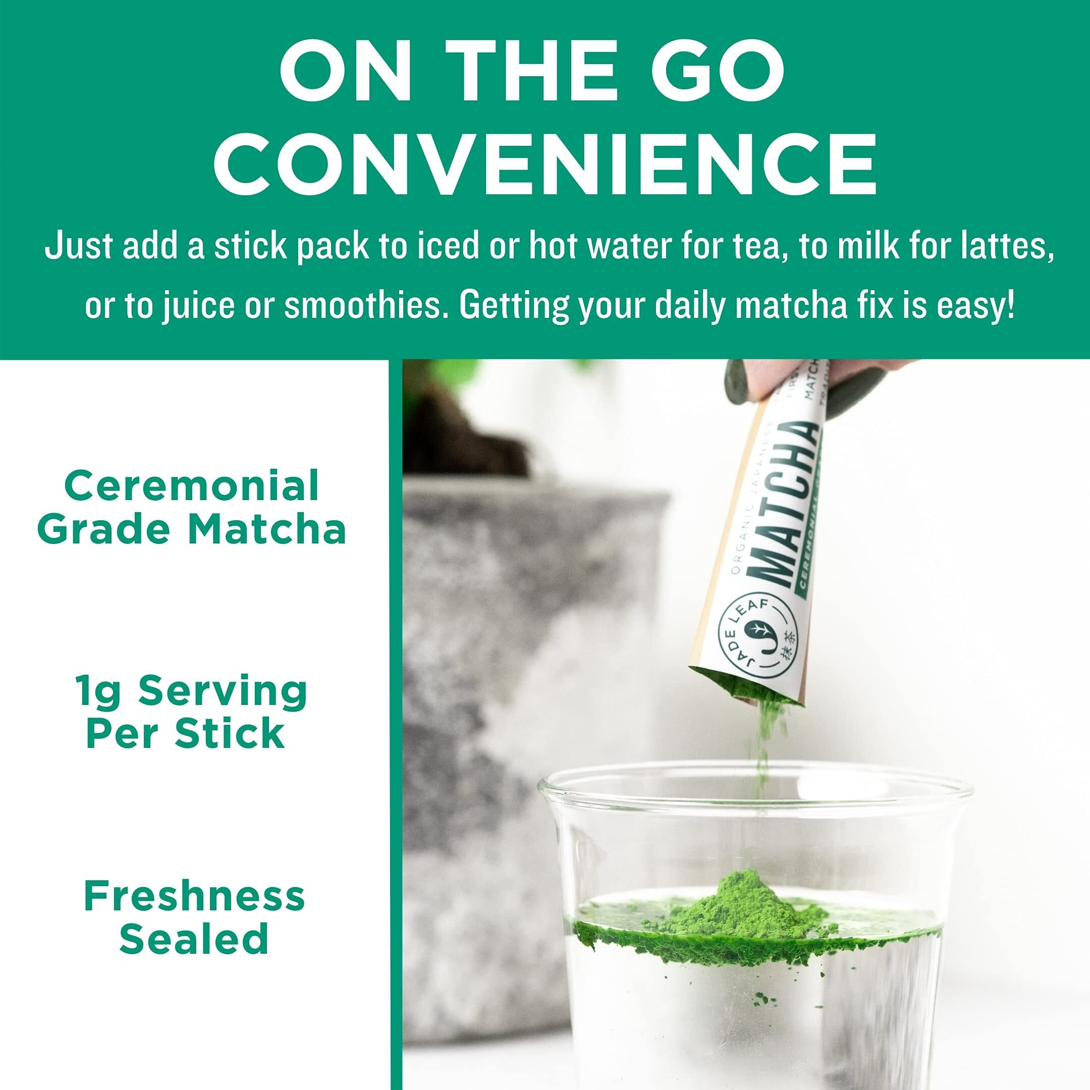 Jade Leaf Matcha Organic Ceremonial Grade Green Tea Powder - Farm Direct First Harvest - Single Serve Stick Packs - Authentic Japanese Origin (30 Count Single Serve Stick Pack Pouch)