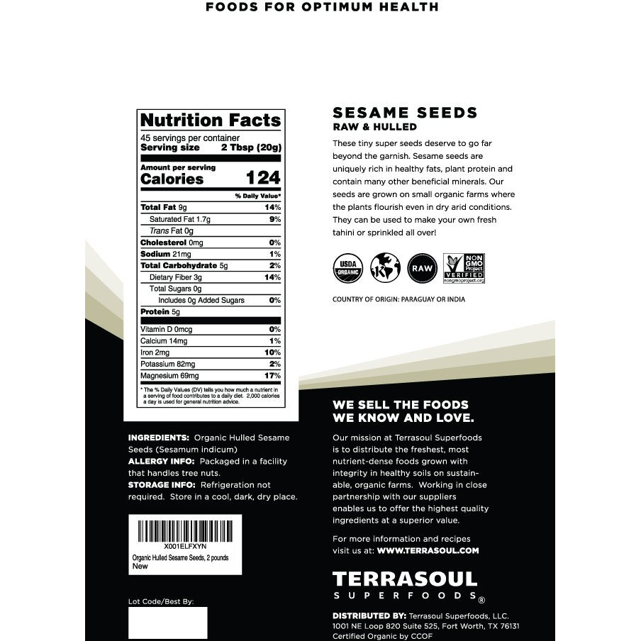Terrasoul Superfoods Organic Hulled Sesame Seeds, 2 Lbs - Perfect For Tahini | Gluten-Free | Raw