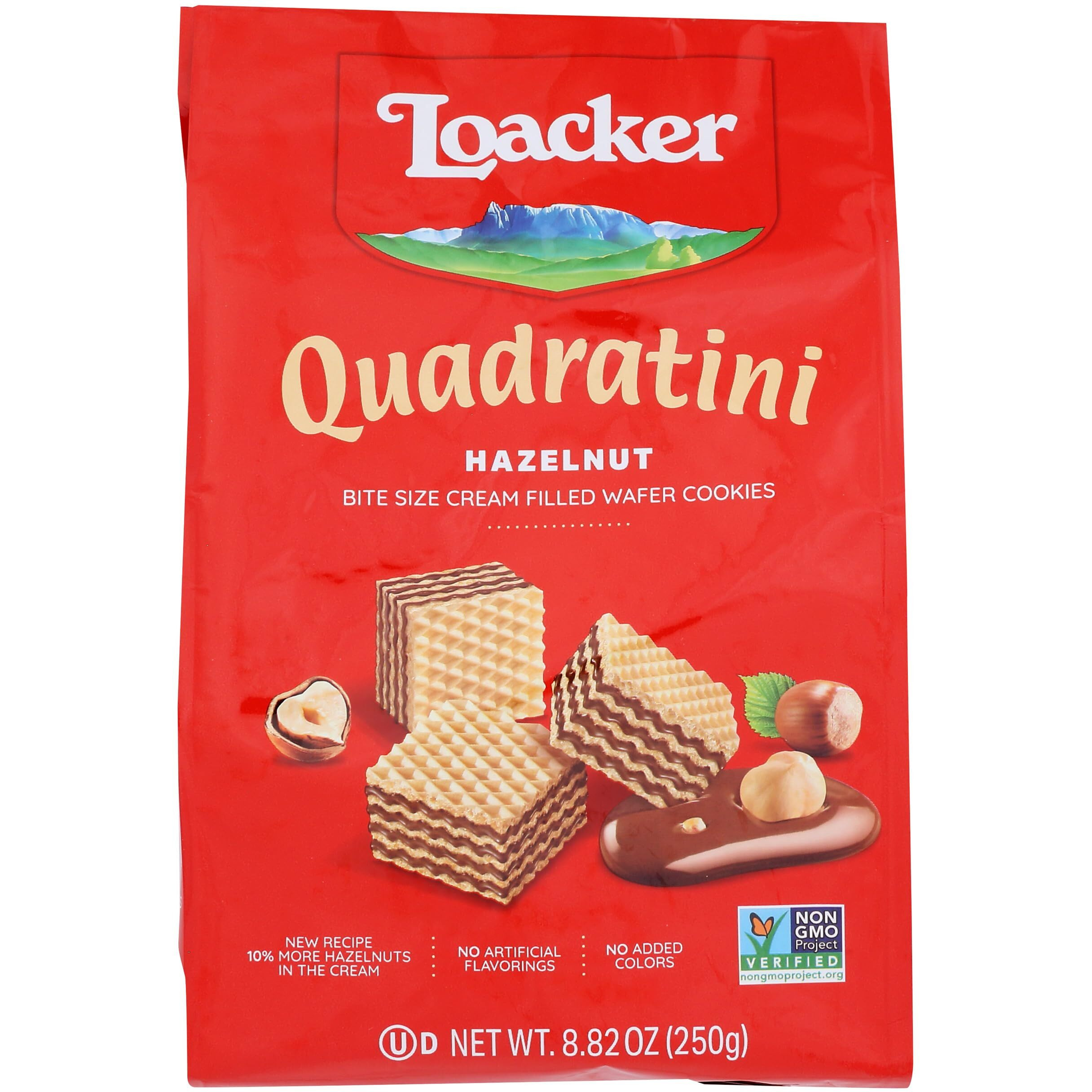 Loacker Quadratini Hazelnut Wafer Cookies - 30% Less Sugar - Premium Crispy Bite Size Wafers With Hazelnut Cream Filling - Resealable Family Pack - Non-Gmo - 100% Italian Hazelnuts - Large Snack Bag 250G/8.82Oz