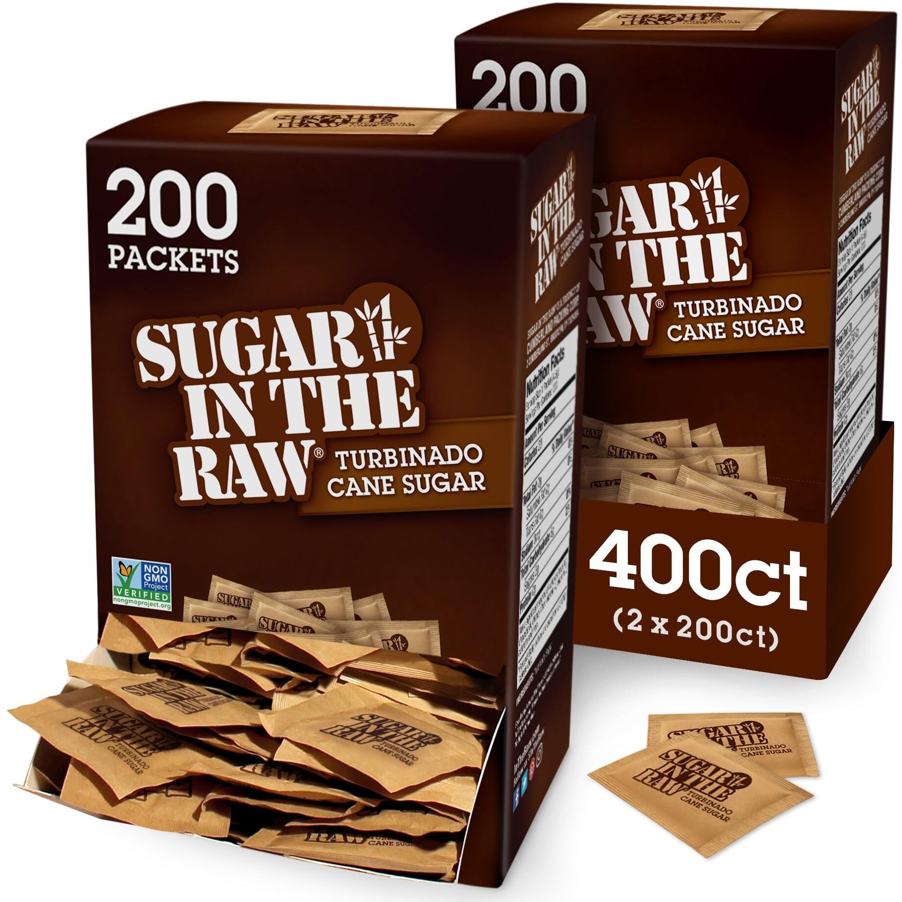 Sugar In The Raw Granulated Turbinado Cane Sugar On The Go Packets, No Erythritol, Pure Natural Sweetener, Hot & Cold Drinks, Coffee, Baking, Vegan, Gluten-Free, Non-Gmo, 200 Count Packets (2-Pack)