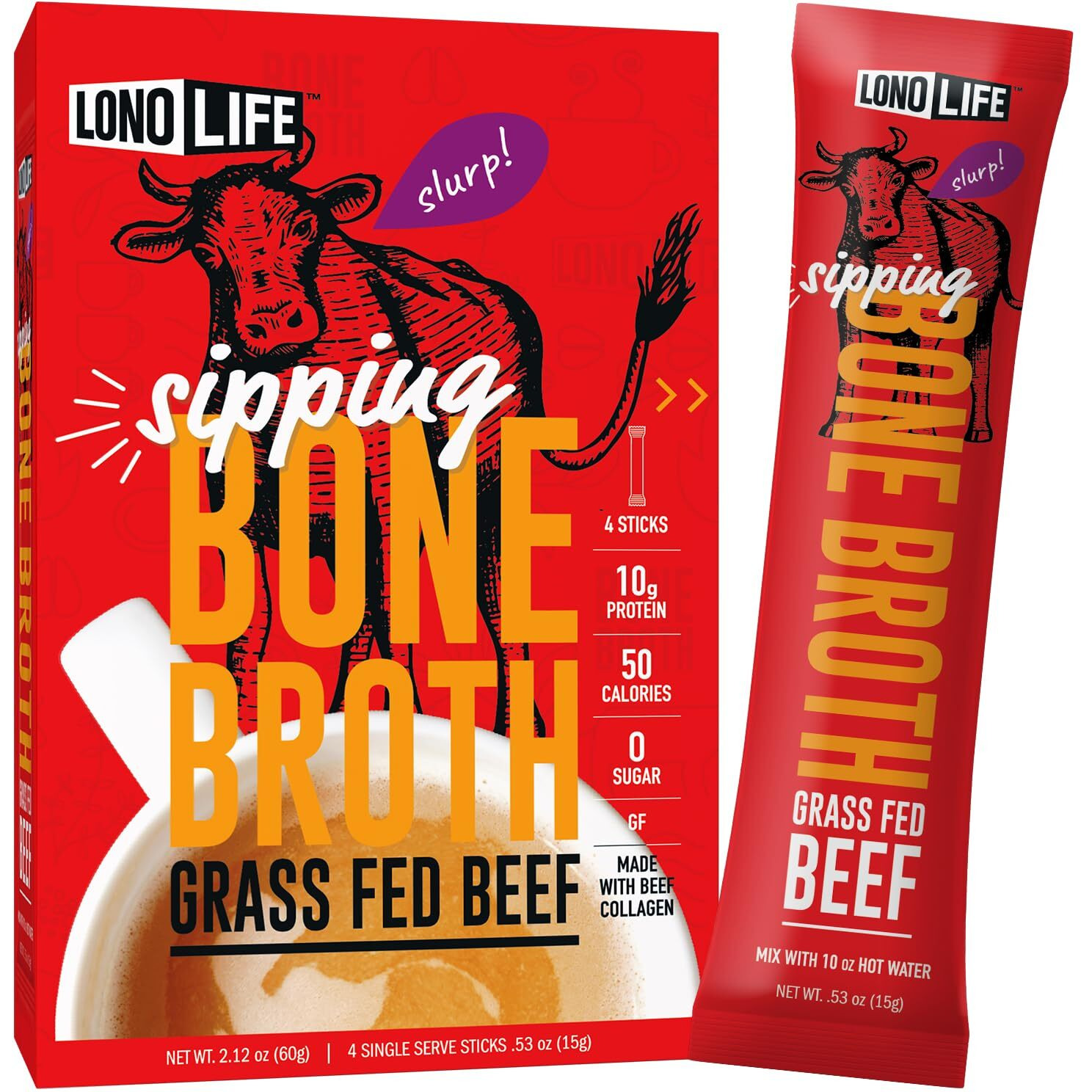 Lonolife Beef Bone Broth Powder Mix | Grass-Fed, 10G Protein | Collagen-Rich, Keto & Paleo Friendly | Natural Ingredients | 24 Portable Stick Pack Servings