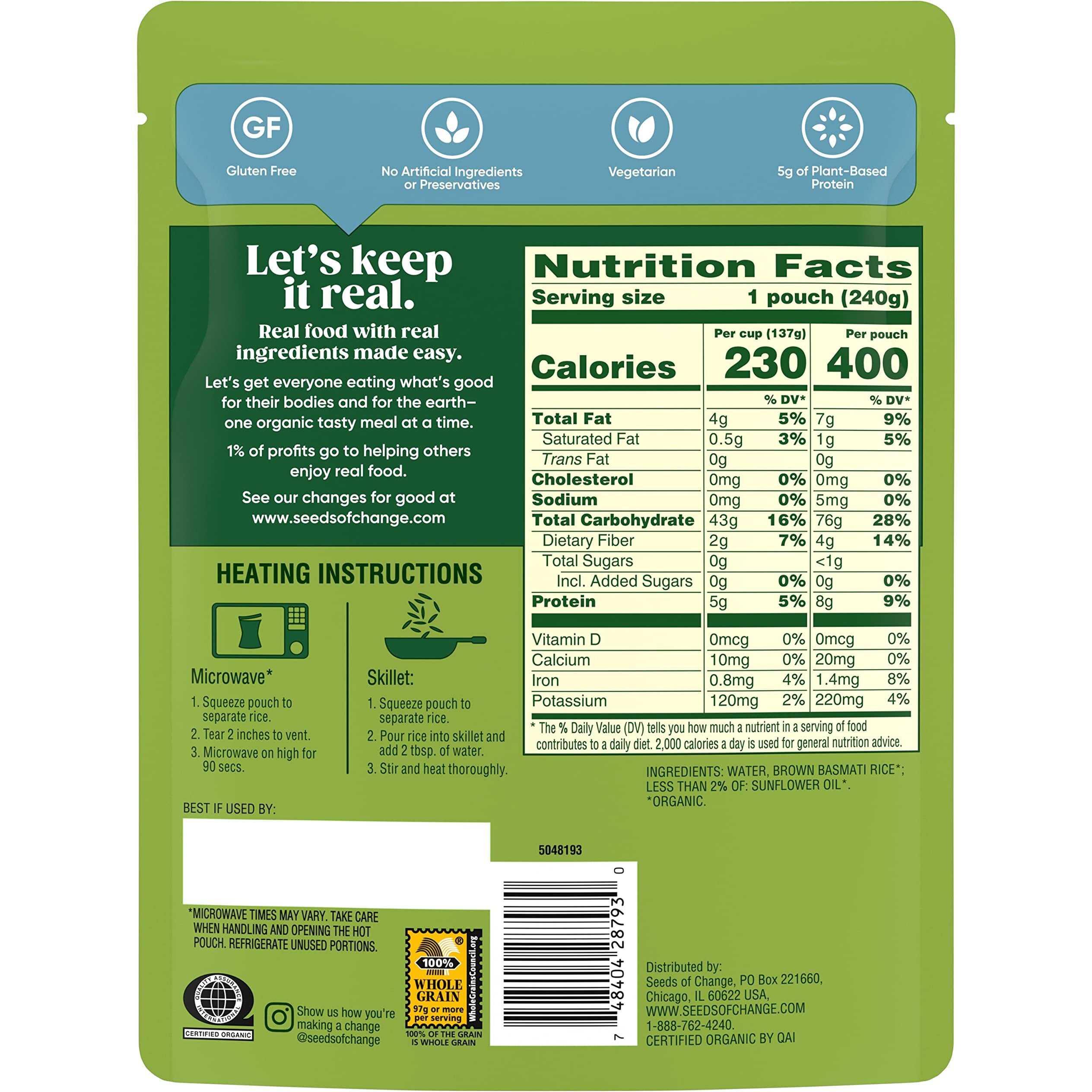 Seeds Of Change Organic Brown Basmati Rice, Microwaveable Ready To Heat, 8.5 Ounces (Pack Of 6)