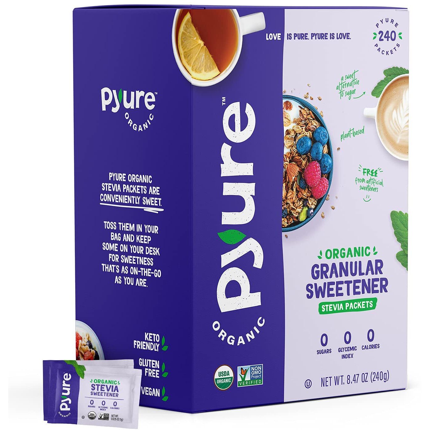 Pyure Organic Stevia Packets | Granulated Sugar Packets - White Sugar Substitute | Zero Carb, Zero Sugar, Zero Calorie Sweetener Packets | Plant-Based Stevia Packets For Keto Coffee | 240 Count