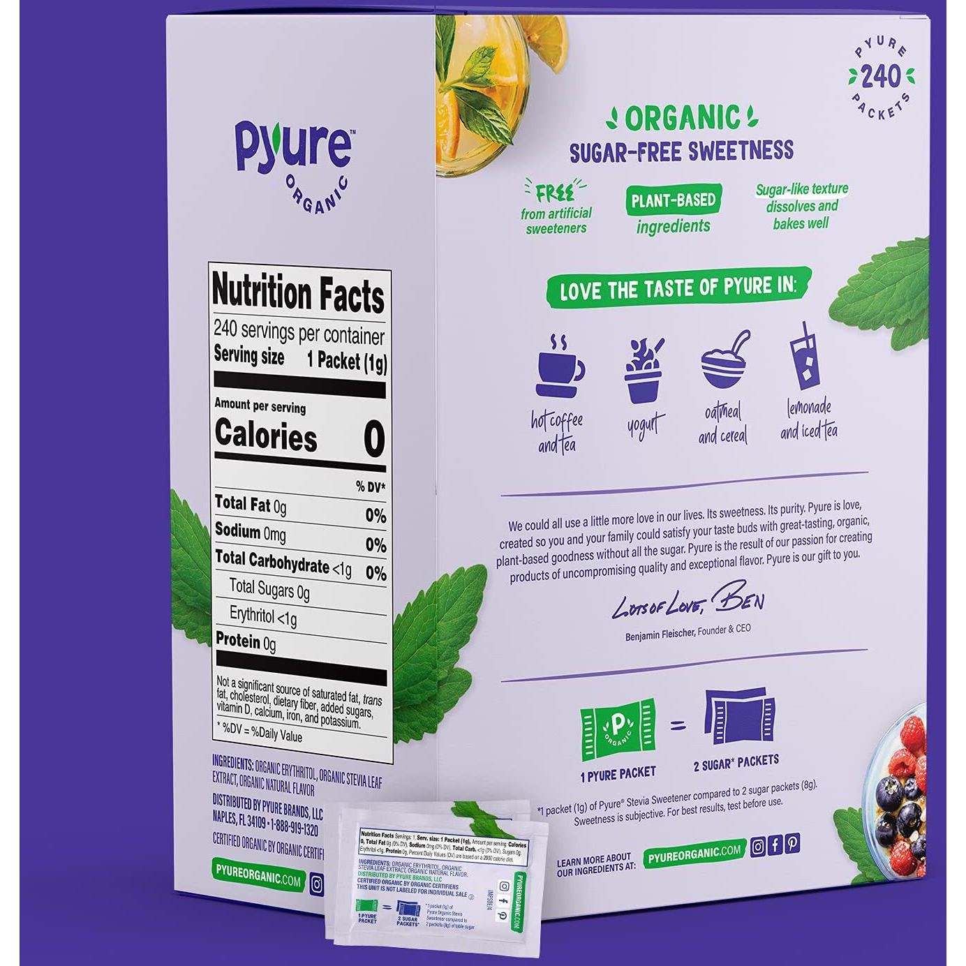 Pyure Organic Stevia Packets | Granulated Sugar Packets - White Sugar Substitute | Zero Carb, Zero Sugar, Zero Calorie Sweetener Packets | Plant-Based Stevia Packets For Keto Coffee | 240 Count