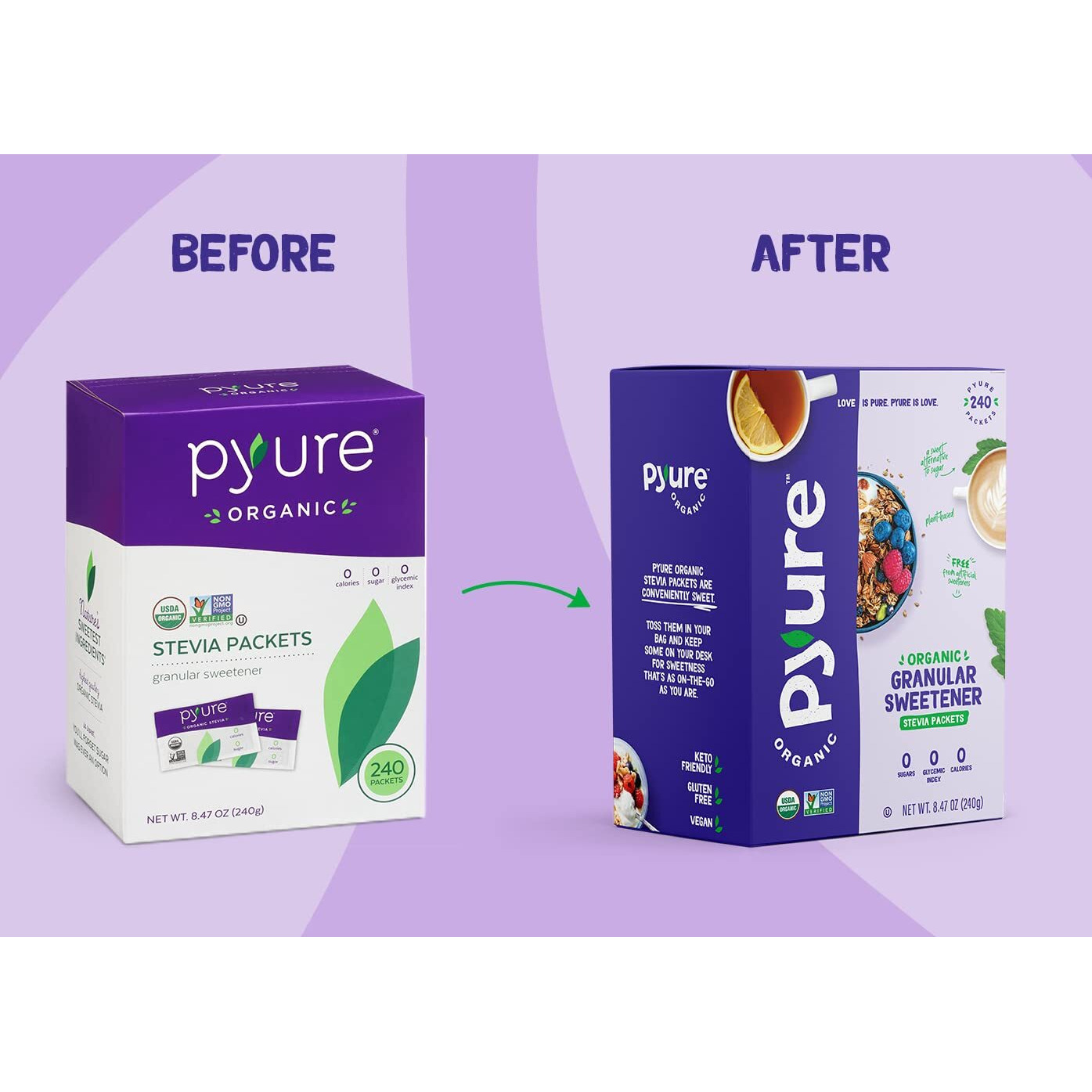 Pyure Organic Stevia Packets | Granulated Sugar Packets - White Sugar Substitute | Zero Carb, Zero Sugar, Zero Calorie Sweetener Packets | Plant-Based Stevia Packets For Keto Coffee | 240 Count