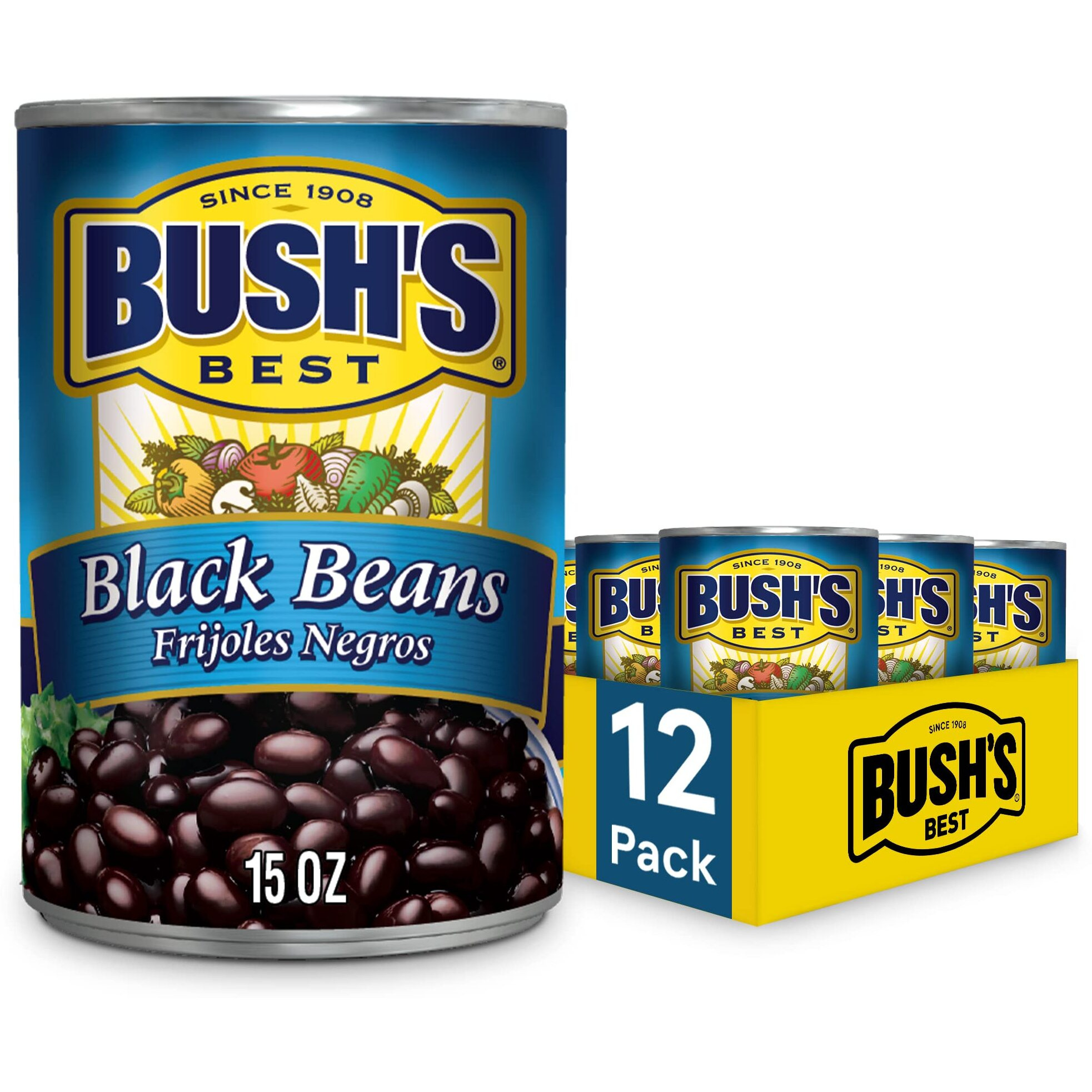 Bush's Best 15 Oz Canned Black Beans, Source Of Plant Based Protein And Fiber, Low Fat, Gluten Free, (Pack Of 12)
