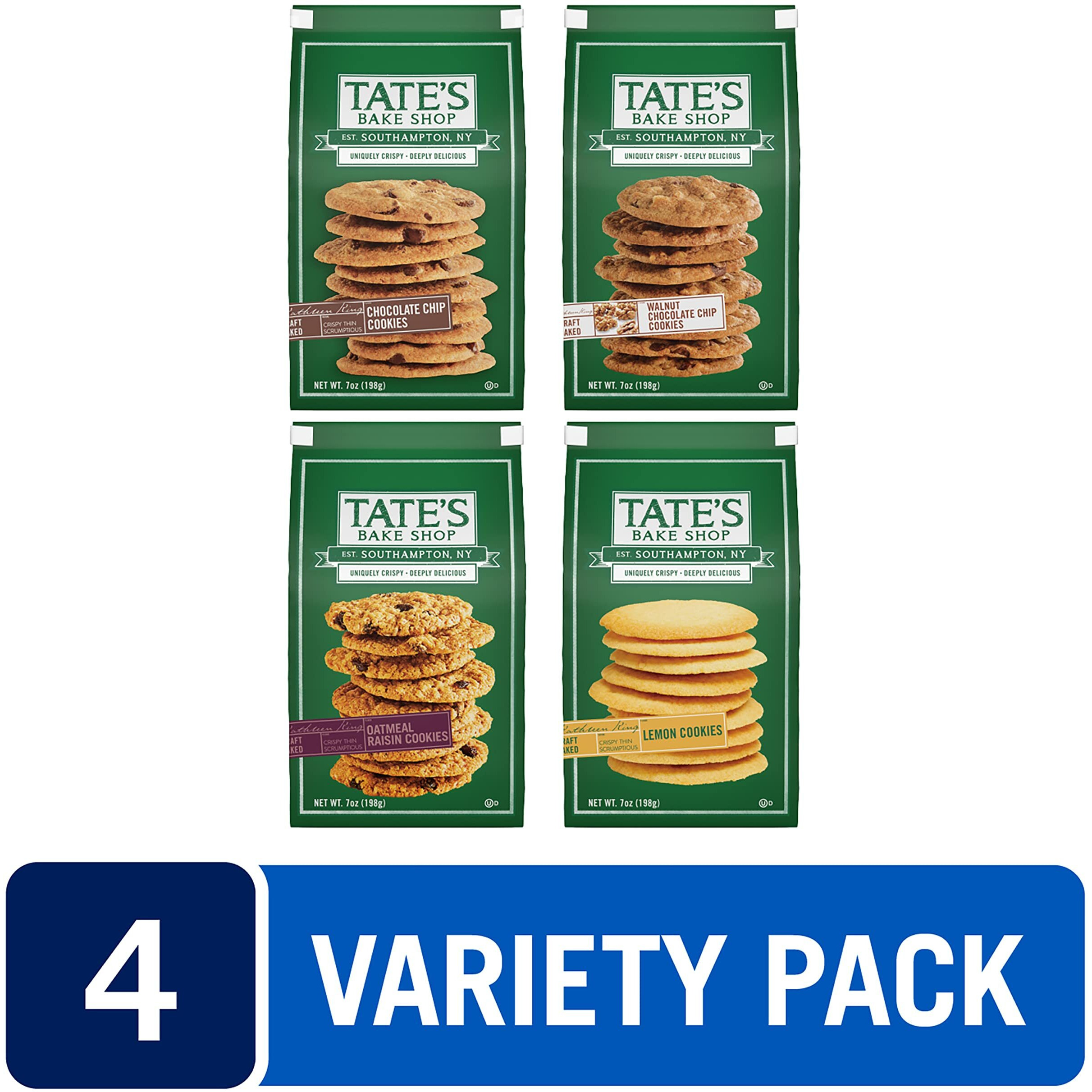 Tate's Bake Shop Cookies Variety Pack, Oatmeal Raisin Cookies, Chocolate Chip Cookies, Lemon Cookies & Chocolate Chip Walnut Cookies, 4 - 7 Oz Bags