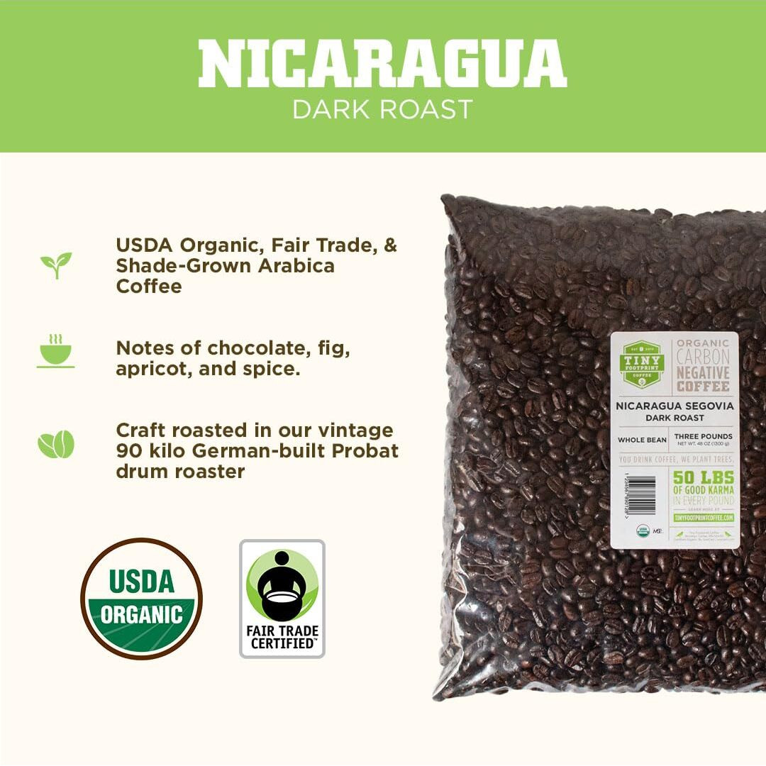 Tiny Footprint Coffee - Fair Trade Organic Nicaragua Segovia Dark Roast | Whole Bean Coffee | Usda Organic | Fair Trade Certified | Carbon Negative | 3 Pound