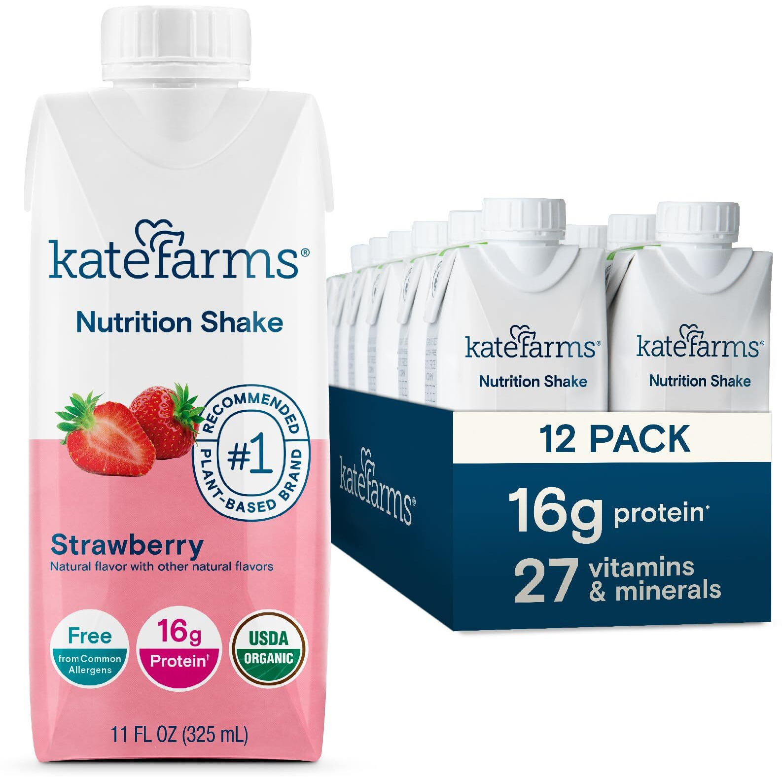 Kate Farms Organic Nutrition Shake, Strawberry, 16G Protein, 27 Vitamins And Minerals, Protein Meal Replacement Drink, Protein Shake, 11 Oz (12 Pack)