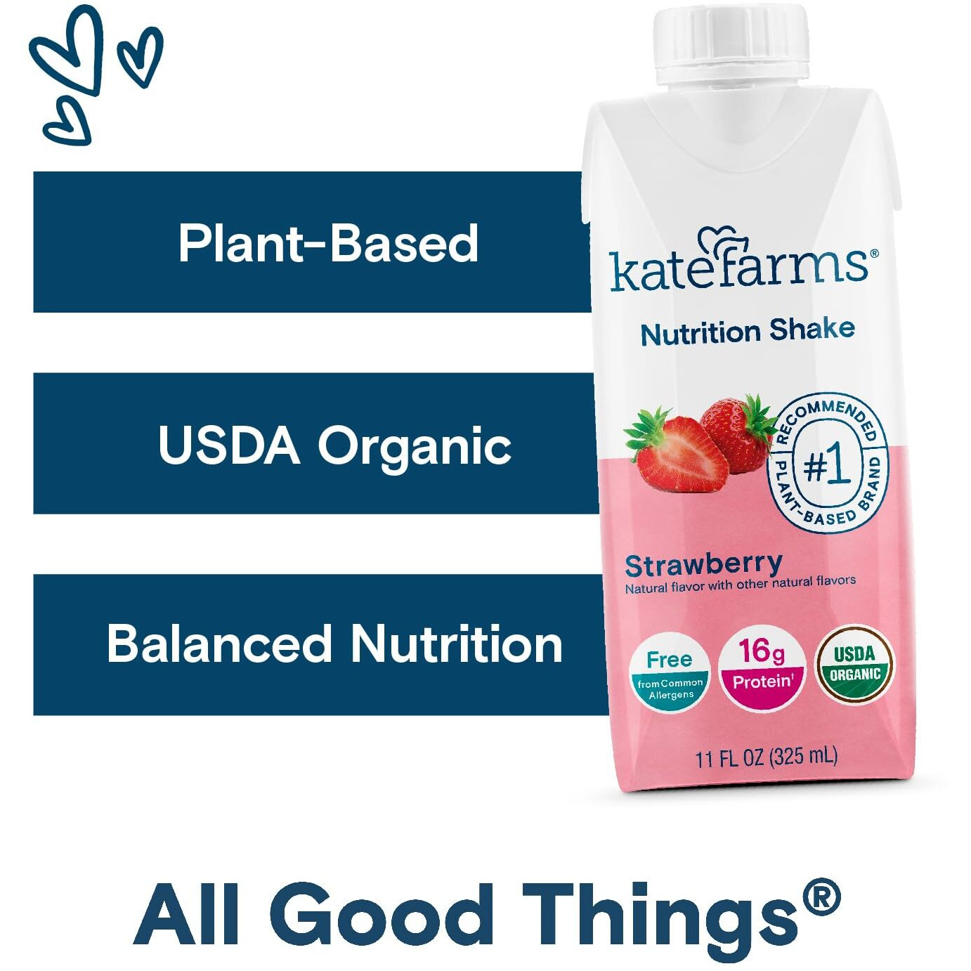 Kate Farms Organic Nutrition Shake, Strawberry, 16G Protein, 27 Vitamins And Minerals, Protein Meal Replacement Drink, Protein Shake, 11 Oz (12 Pack)
