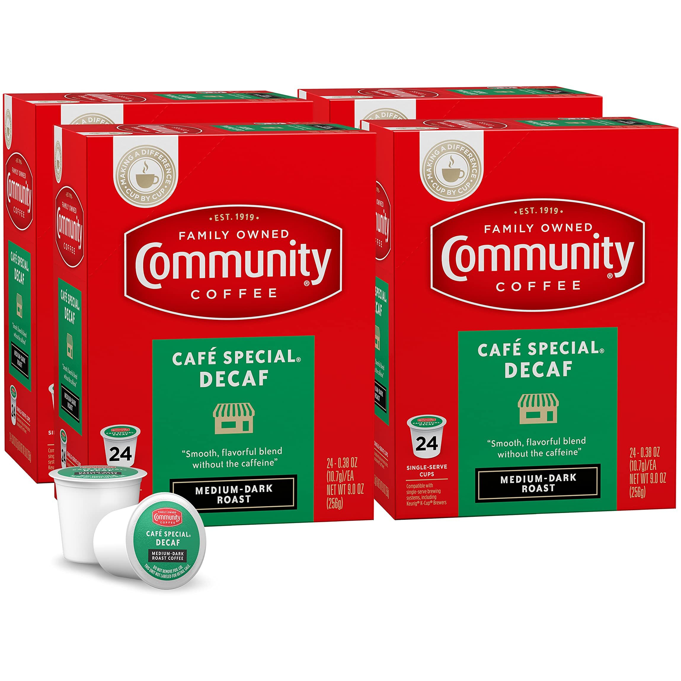 Community Coffee Cafe Special Decaf 96 Count Coffee Pods, Medium Dark Roast, Compatible With Keurig 2.0 K-Cup Brewers, 24 Count (Pack Of 4)
