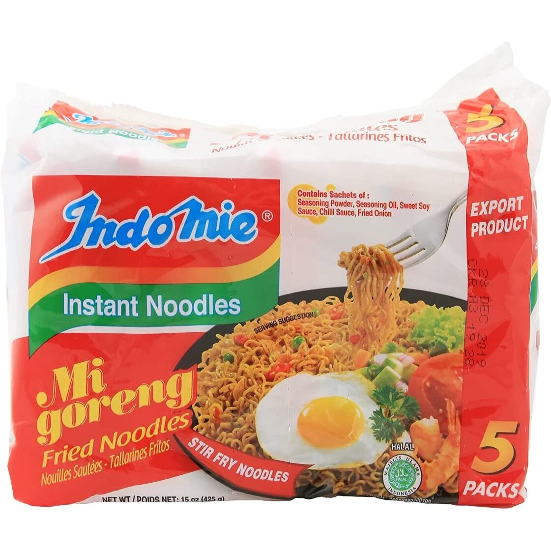 Indomie Mi Goreng Instant Stir Fry Noodles, Halal Certified, Original Flavor, 5 Count - Pack Of 6