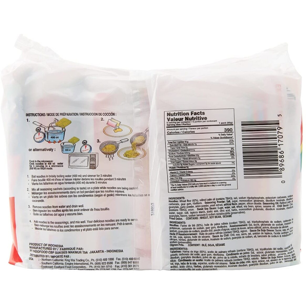 Indomie Mi Goreng Instant Stir Fry Noodles, Halal Certified, Original Flavor, 5 Count - Pack Of 6