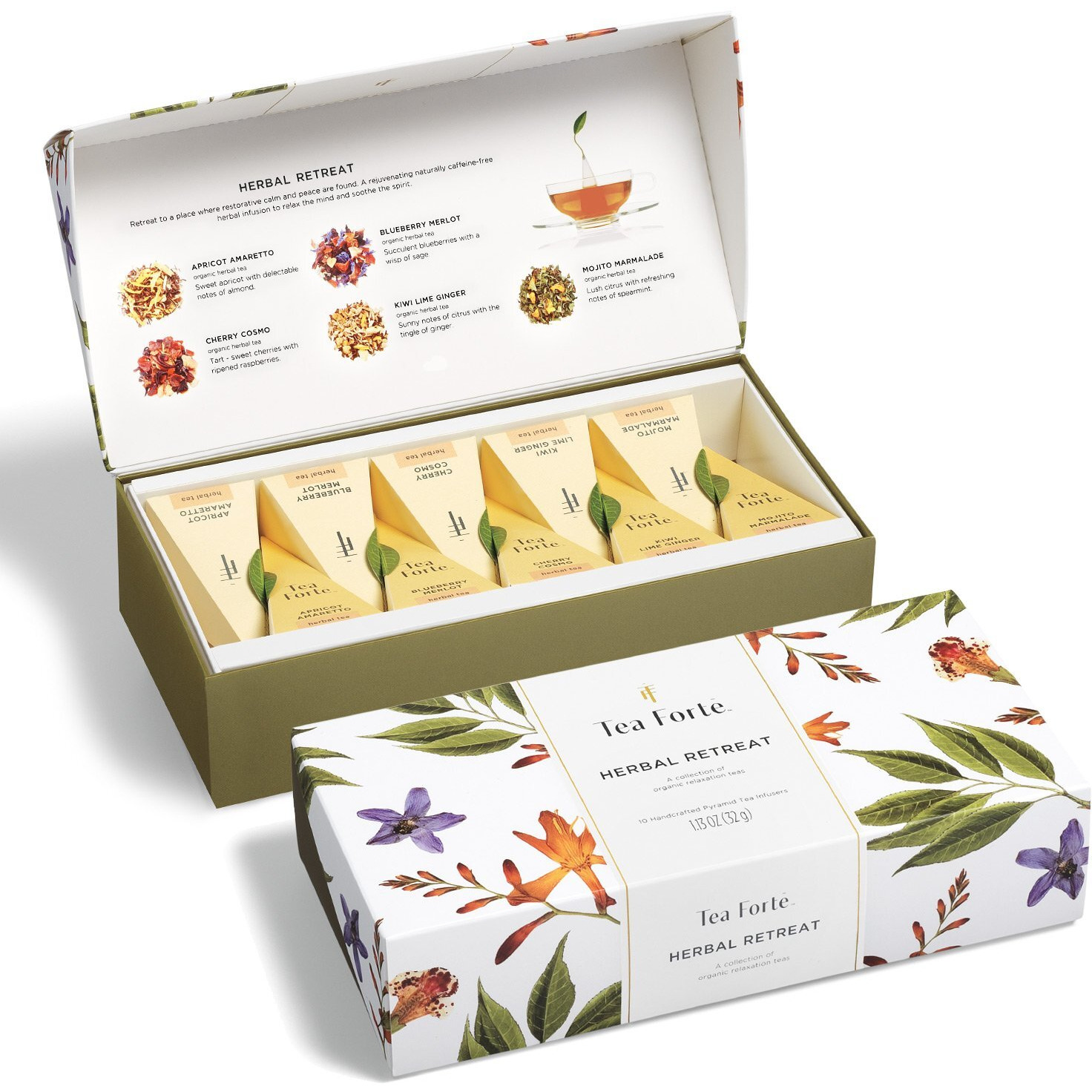 Tea Forte Herbal Retreat Organic Citrus And Fruit Herbal Tea, Petite Presentation Box, Sampler Gift Set With 10 Handcrafted Pyramid Bag Infusers, Caffeine Free, 10 Count (Pack Of 1)