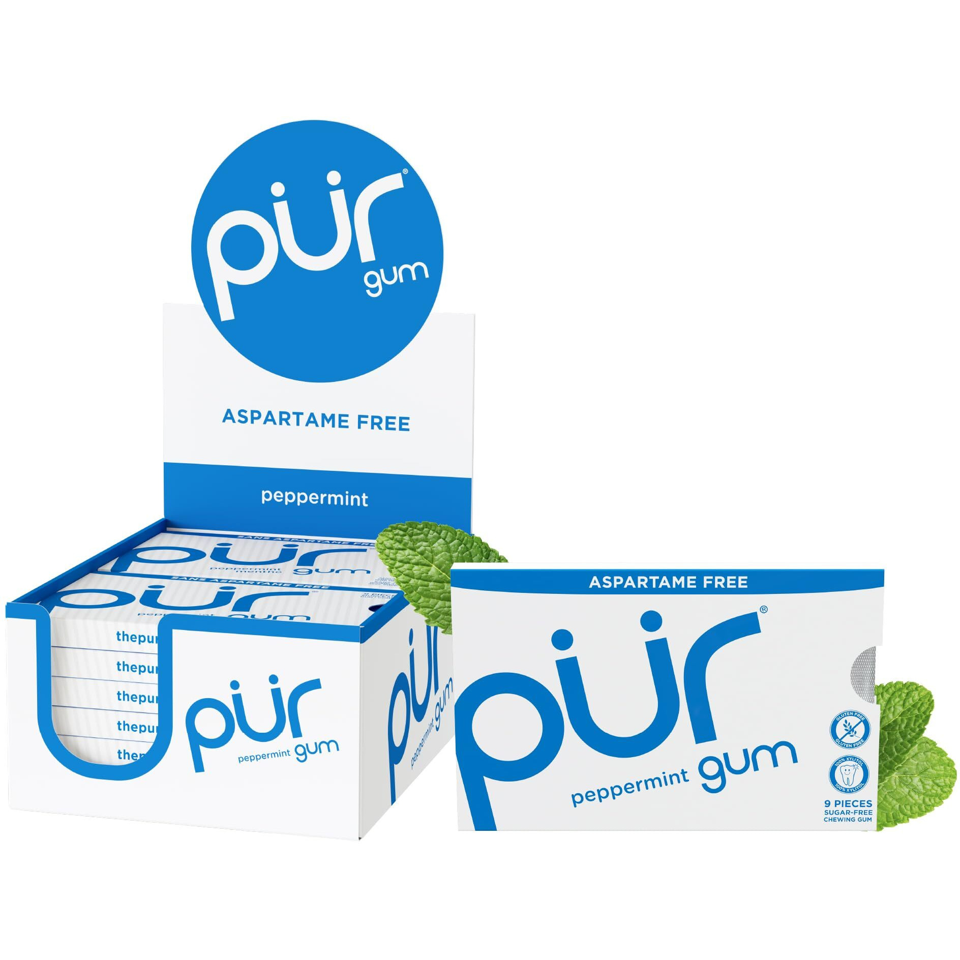 Pur Gum | Aspartame Free Chewing Gum | 100% Xylitol | Natural Peppermint Flavored Gum, 9 Pieces (Pack Of 12)