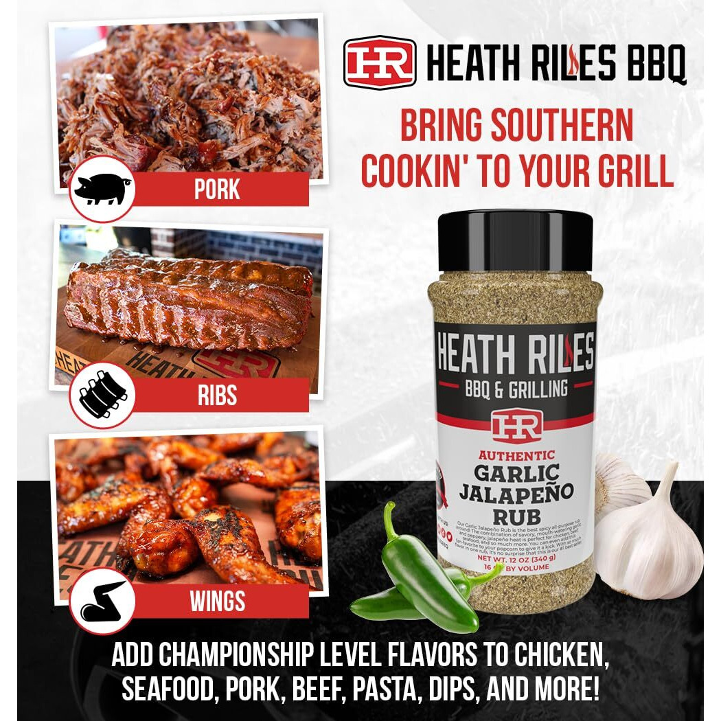 Heath Riles Bbq Rub - Garlic Jalapeo Bbq Seasoning Rub, Champion Pitmaster Recipe, Legendary Bbq Rubs For Smoking & Grilling, 70+ Bbq Championships, 12 Oz.