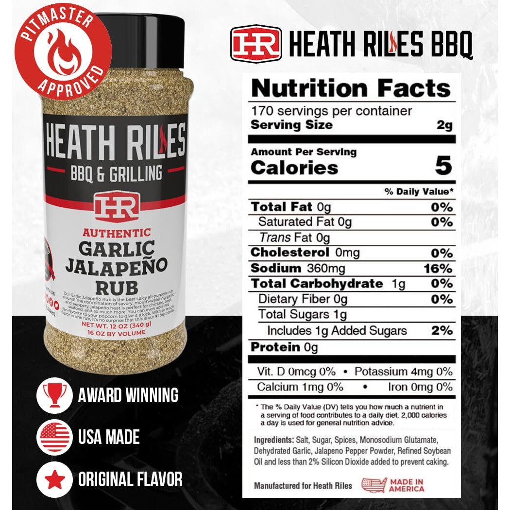 Heath Riles Bbq Rub - Garlic Jalapeo Bbq Seasoning Rub, Champion Pitmaster Recipe, Legendary Bbq Rubs For Smoking & Grilling, 70+ Bbq Championships, 12 Oz.
