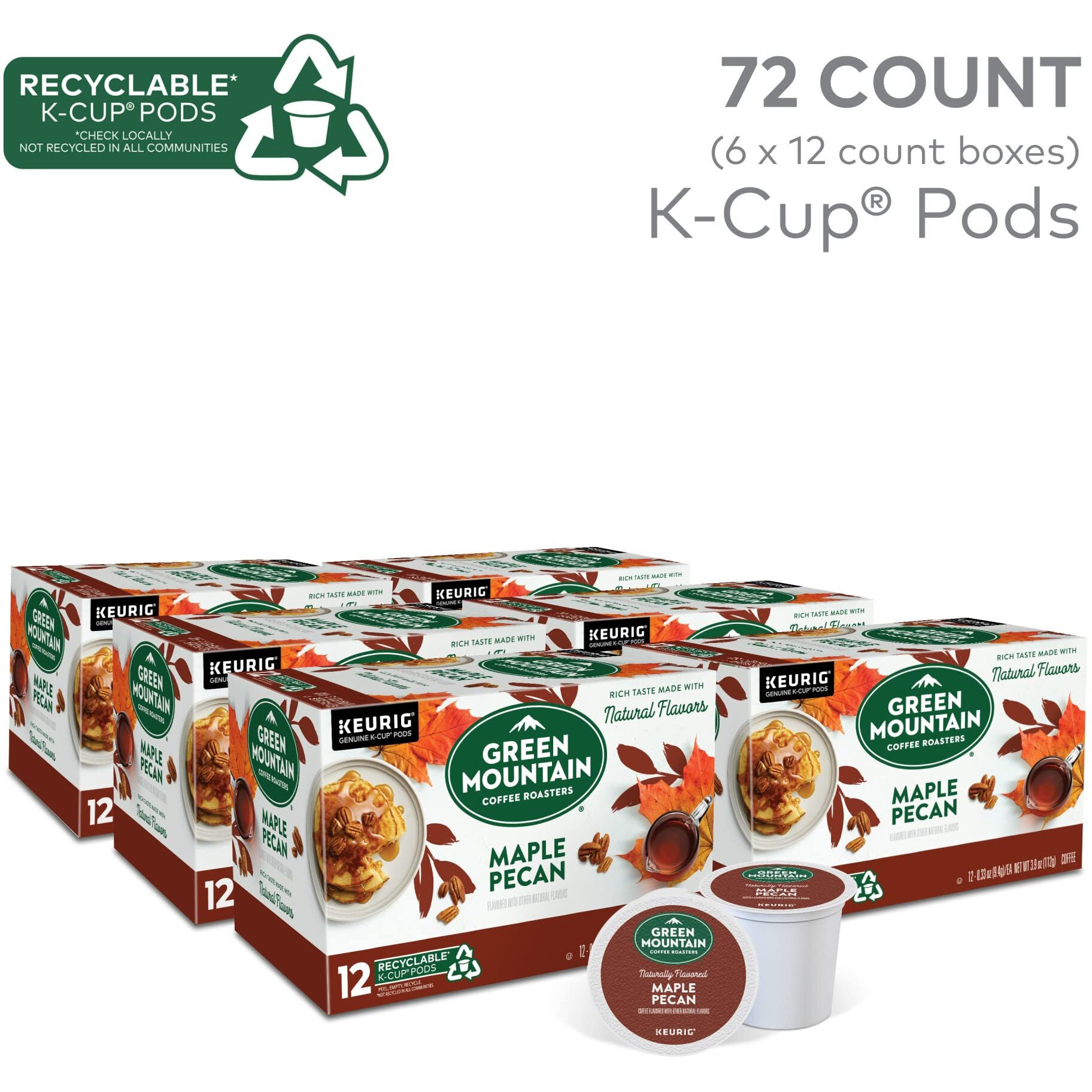 Green Mountain Coffee Roasters Maple Pecan Coffee, Keurig Single Serve K-Cup Pods, 72 Count (6 Packs Of 12)
