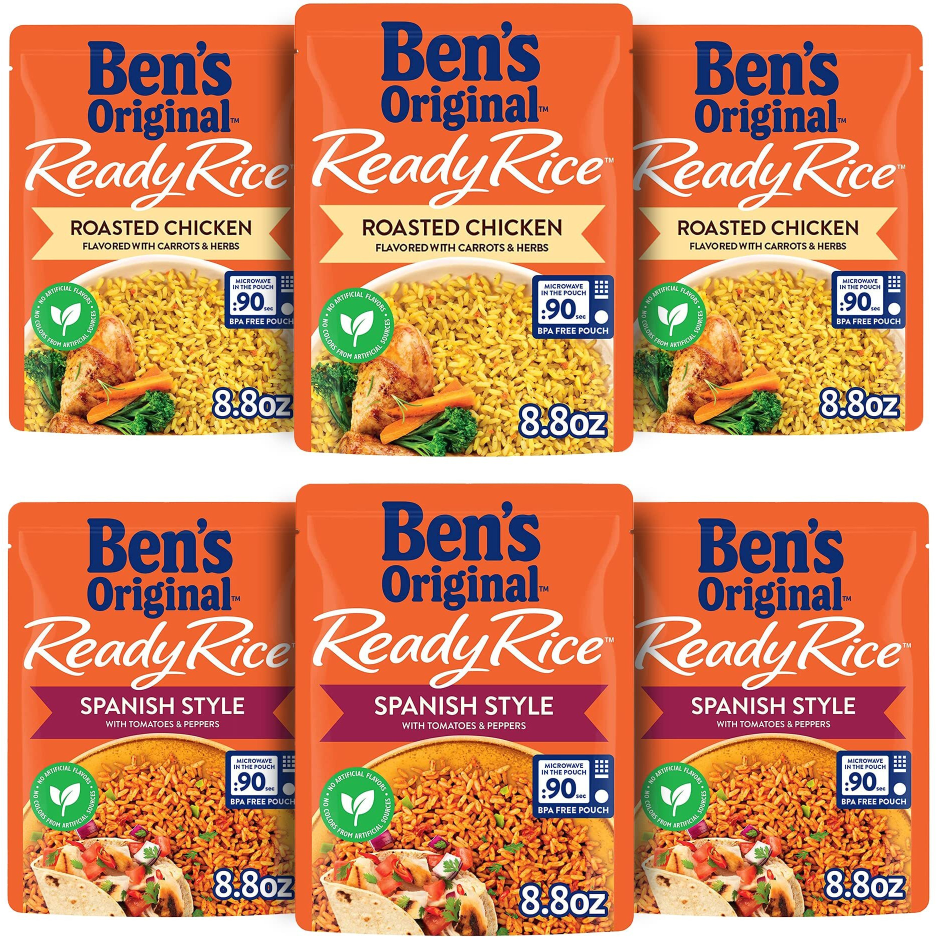 Ben's Original Ready Rice Roasted Chicken And Spanish Style Flavored Rice Variety Pack, Easy Dinner Sides, 8.8 Oz Pouch (Pack Of 6)