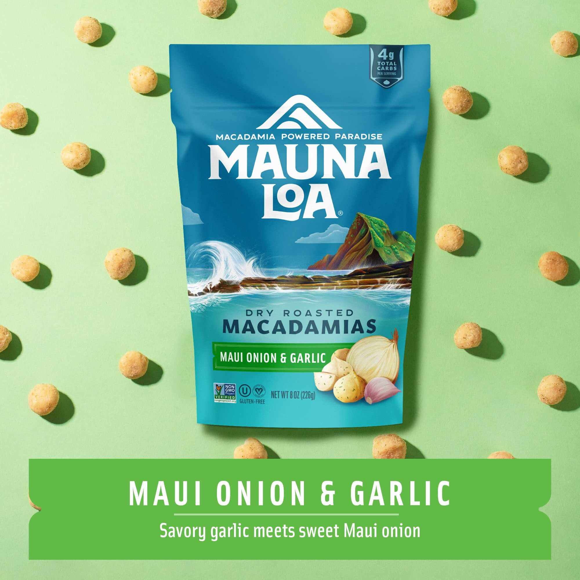 Mauna Loa Premium Hawaiian Roasted Macadamia Nuts, Maui Onion Garlic Flavor, Multi, 8 Ounce