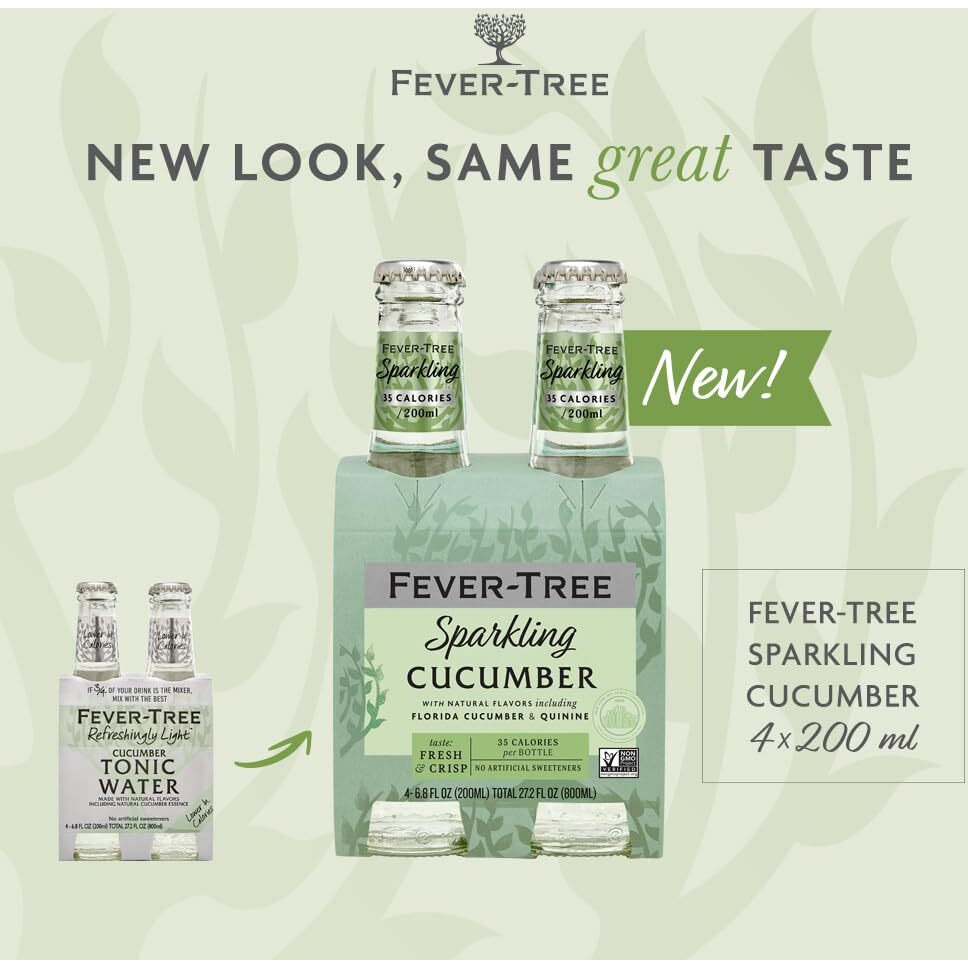 Fever-Tree Light Cucumber Tonic Water Glass Bottles, No Artificial Sweeteners, Flavorings & Preservatives, 6.8 Fl Oz (Pack Of 24)