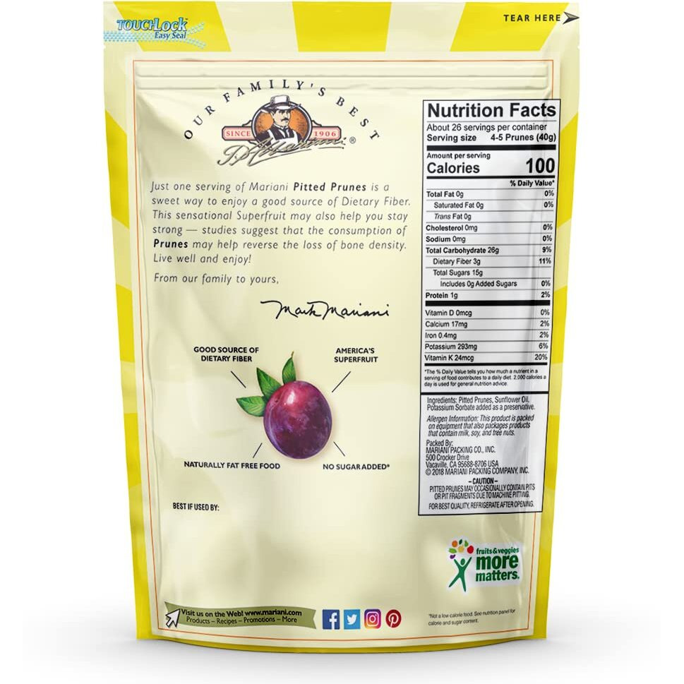 Mariani Pitted Prunes | Dried Fruit | Healthy Snacks For Kids & Adults | Vegan Snacks | Gluten Free Snacks | No Sugar Added, Fat Free, Cholesterol Free | 36 Ounces (Pack Of 1)