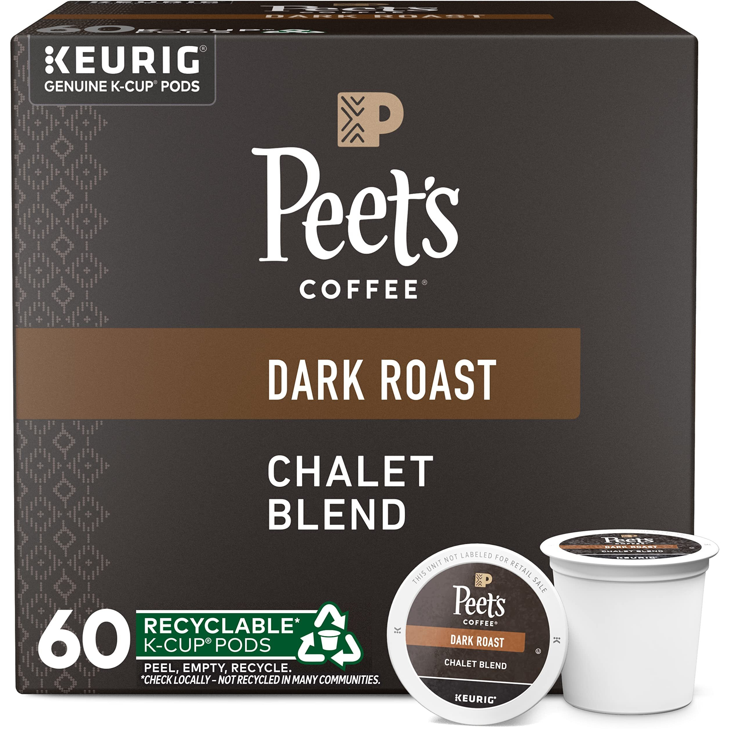 Peet's Coffee, Dark Roast K-Cup Pods For Keurig Brewers - Chalet Blend 60 Count (1 Box Of 60 K-Cup Pods)
