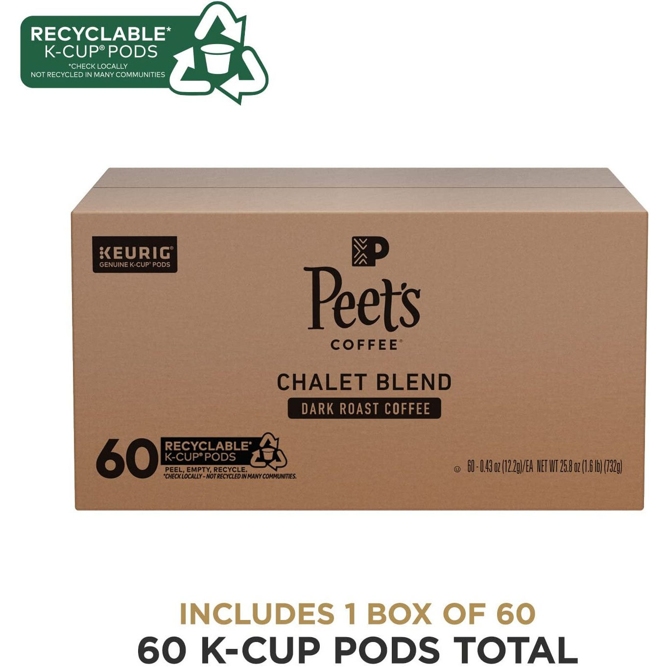 Peet's Coffee, Dark Roast K-Cup Pods For Keurig Brewers - Chalet Blend 60 Count (1 Box Of 60 K-Cup Pods)
