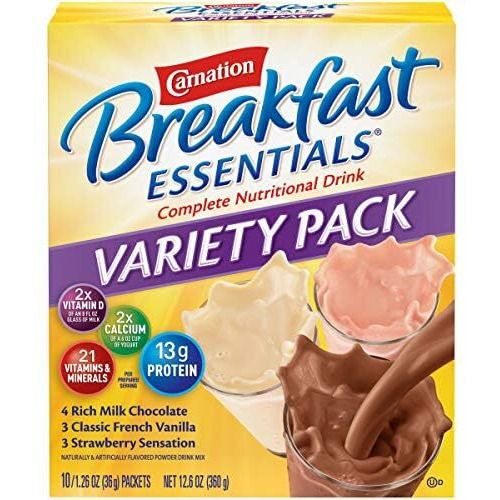 Nestle Carnation Breakfast Essentials Complete Nutritional Drink Rich Milk Chocolate / Classic French Vanilla / Strawberry Sensation Flavor 10 Ct