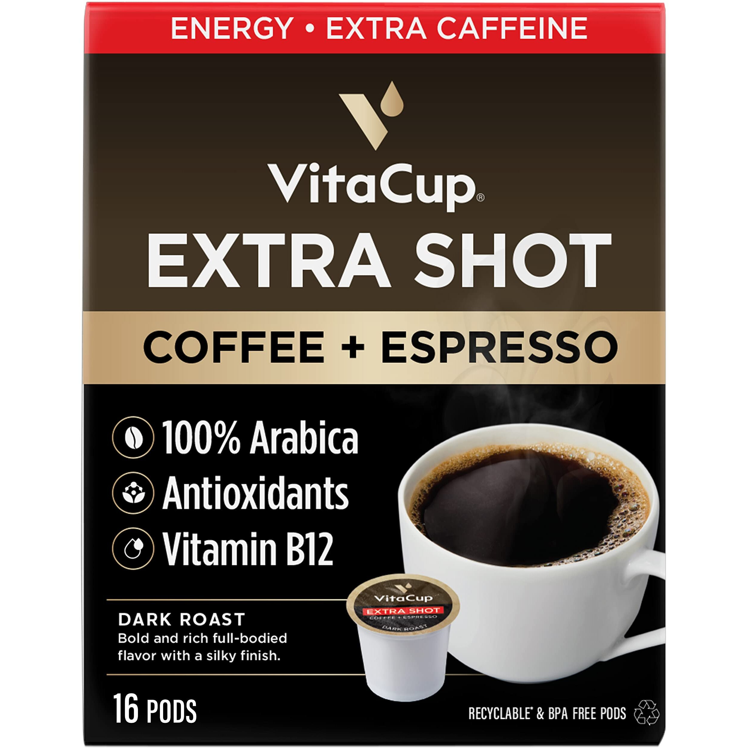 Vitacup Extra Shot Strong Coffee Pods, Bold & Intense Dark Roast W/Espresso Shot, High Caffeine, Vitamin B12, Antioxidants, Recyclable Single Serve Pod Compatible W/Keurig K-Cup Brewers, 16Ct