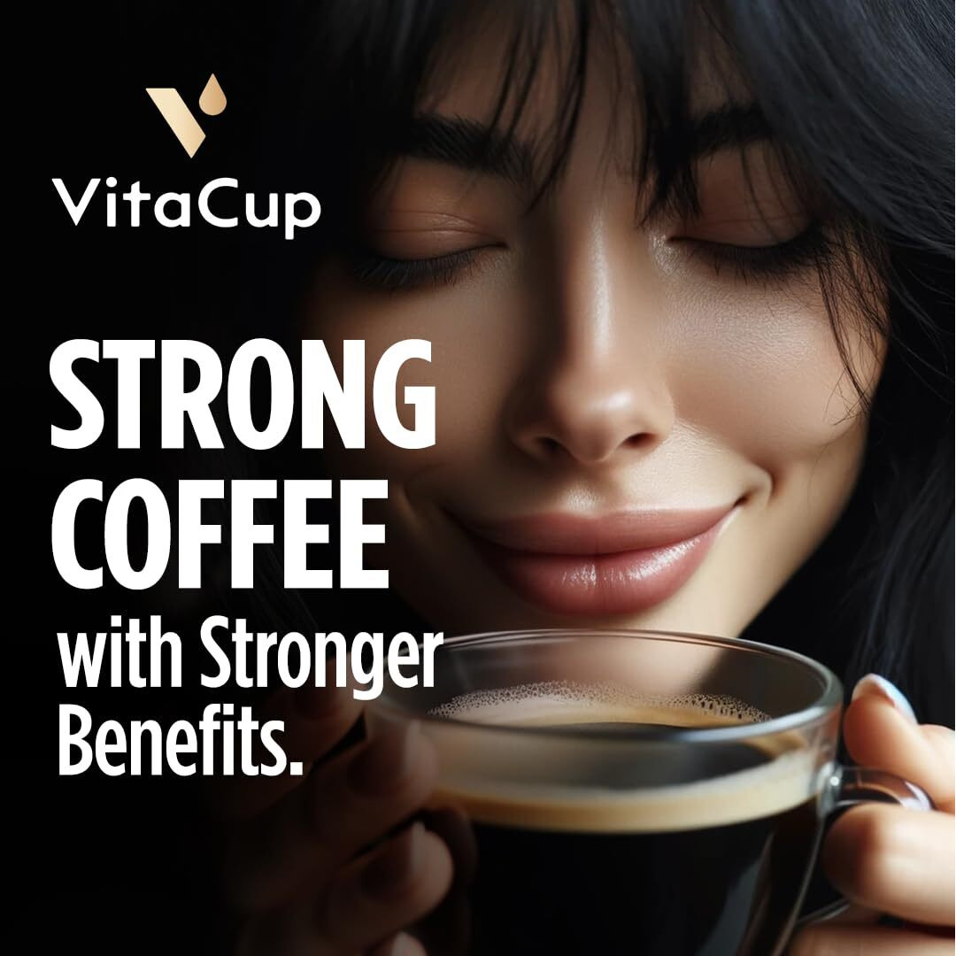 Vitacup Extra Shot Strong Coffee Pods, Bold & Intense Dark Roast W/Espresso Shot, High Caffeine, Vitamin B12, Antioxidants, Recyclable Single Serve Pod Compatible W/Keurig K-Cup Brewers, 16Ct