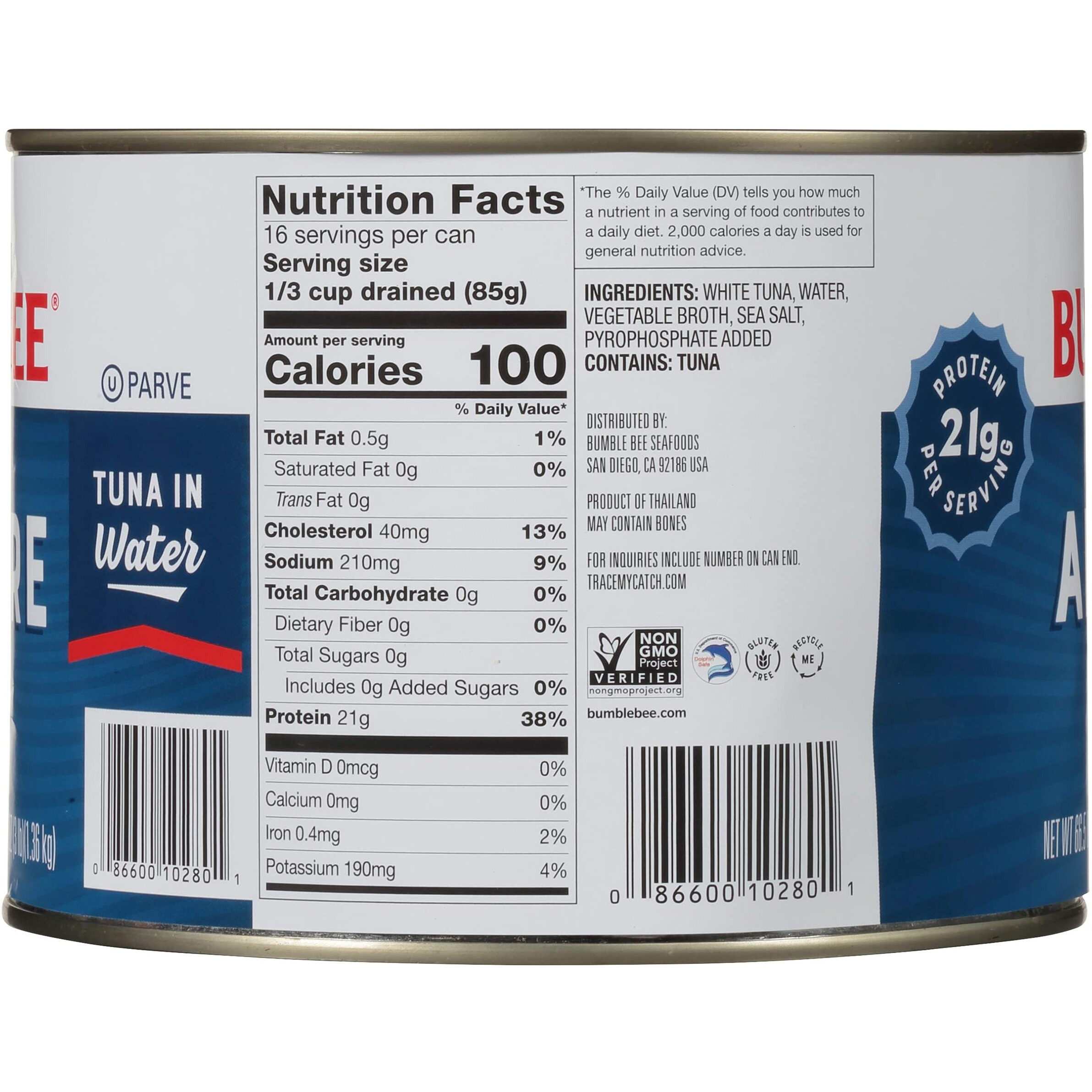 Bumble Bee Solid White Albacore Tuna In Water, 66.5 Oz Bulk Food Service Can - Wild Caught Tuna - 21G Protein Per Serving, High In Omega-3S - Non-Gmo Project Verified, Gluten Free, Kosher