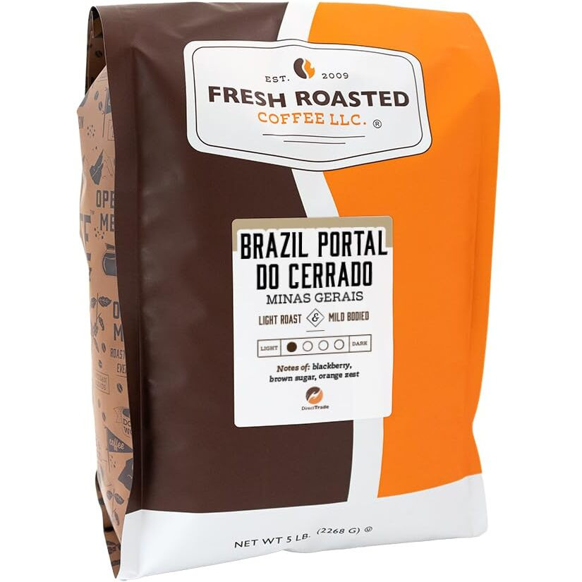 Fresh Roasted Coffee, Brazil Minas Gerais, 5 Lb (80 Oz), Light Roast, Kosher, Whole Bean