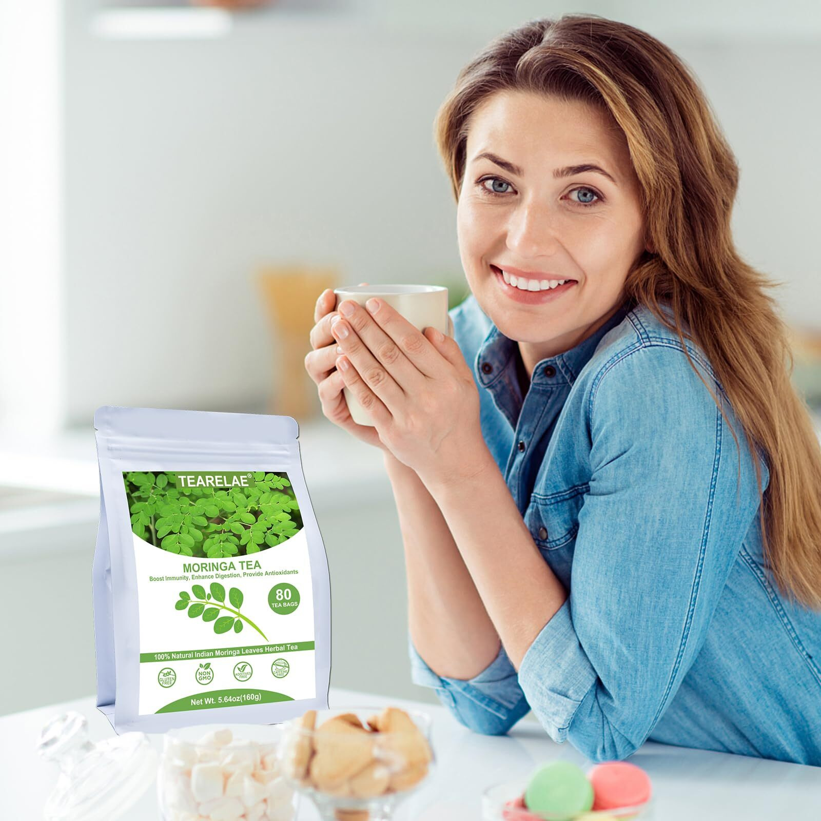 Tearelae - Moringa Tea - 2G X 80 Count - Premium Moringa Leaves Tea Bags - Boost Immunity, Aid In Digestion - Non-Gmo - Caffeine-Free