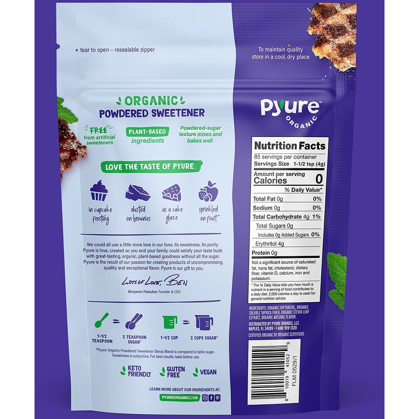 Pyure Organic Powdered Confectioners Stevia Sweetener Blend, 21 Sugar Substitute, 12 Ounce