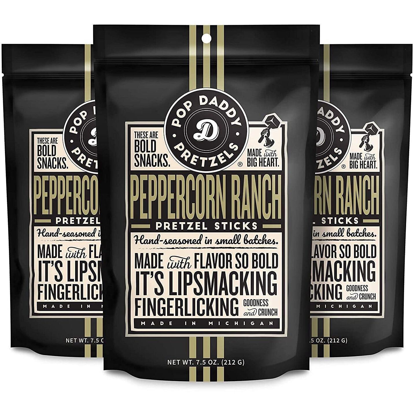 Pop Daddy Flavored Pretzels Sticks | Healthy Gourmet Pretzels Snacks | 7.5Oz Individual Bags | 3 Pack | Peppercorn Ranch