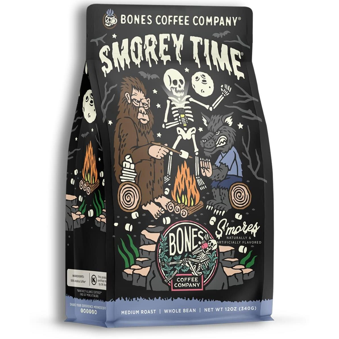 Bones Coffee Company Decaf S'Morey Time Whole Coffee Beans S'Mores And Graham Crackers Flavor, Low Acid Flavored Coffee, Made With Arabica Coffee Beans, Medium Roast Gourmet Coffee (12 Oz)