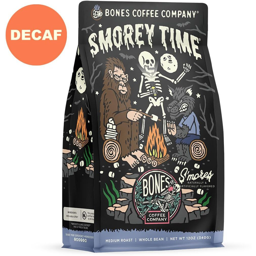 Bones Coffee Company Decaf S'Morey Time Whole Coffee Beans S'Mores And Graham Crackers Flavor, Low Acid Flavored Coffee, Made With Arabica Coffee Beans, Medium Roast Gourmet Coffee (12 Oz)