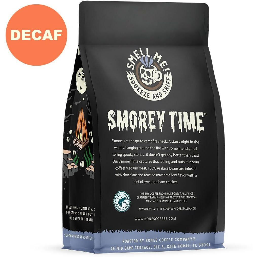 Bones Coffee Company Decaf S'Morey Time Whole Coffee Beans S'Mores And Graham Crackers Flavor, Low Acid Flavored Coffee, Made With Arabica Coffee Beans, Medium Roast Gourmet Coffee (12 Oz)
