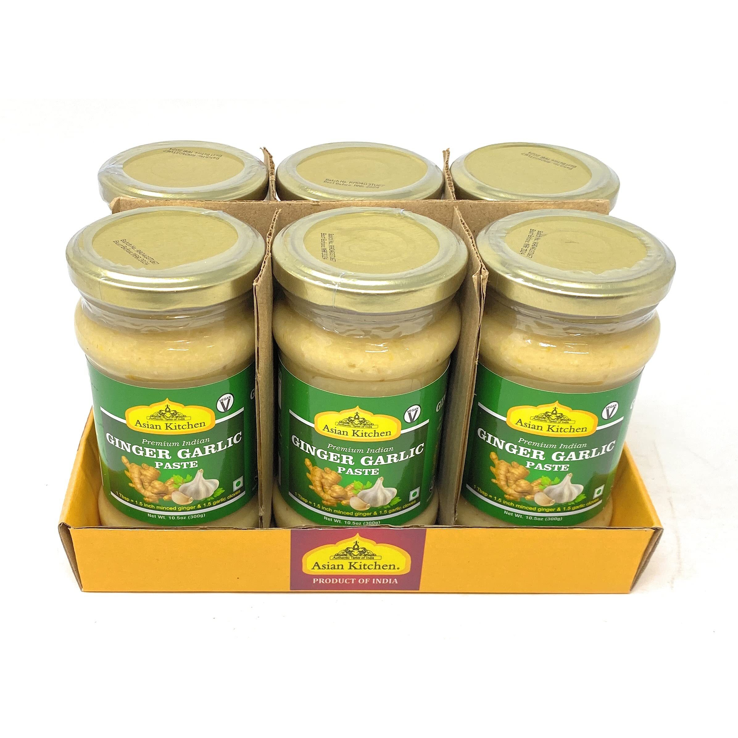 Asian Kitchen Ginger Garlic Cooking Paste 10.58Oz (300G) Glass Jar, Pack Of 5+1 Free ~ Vegan | Gluten Free | Non-Gmo | No Colors | Indian Origin