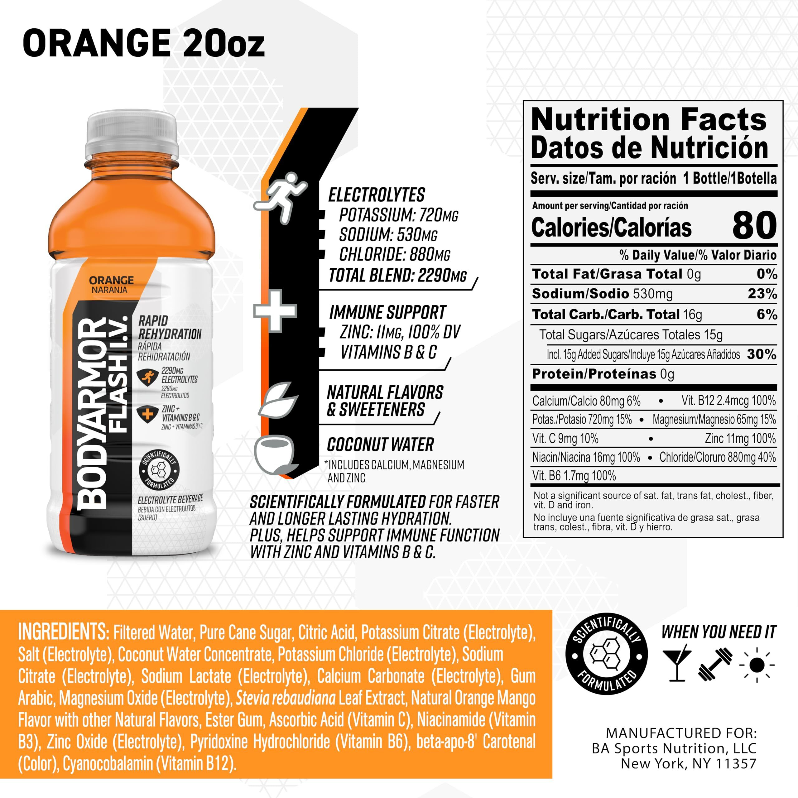 Bodyarmor Flash I.V. Electrolyte Beverage, Orange, 20 Fl Oz (Pack Of 12)